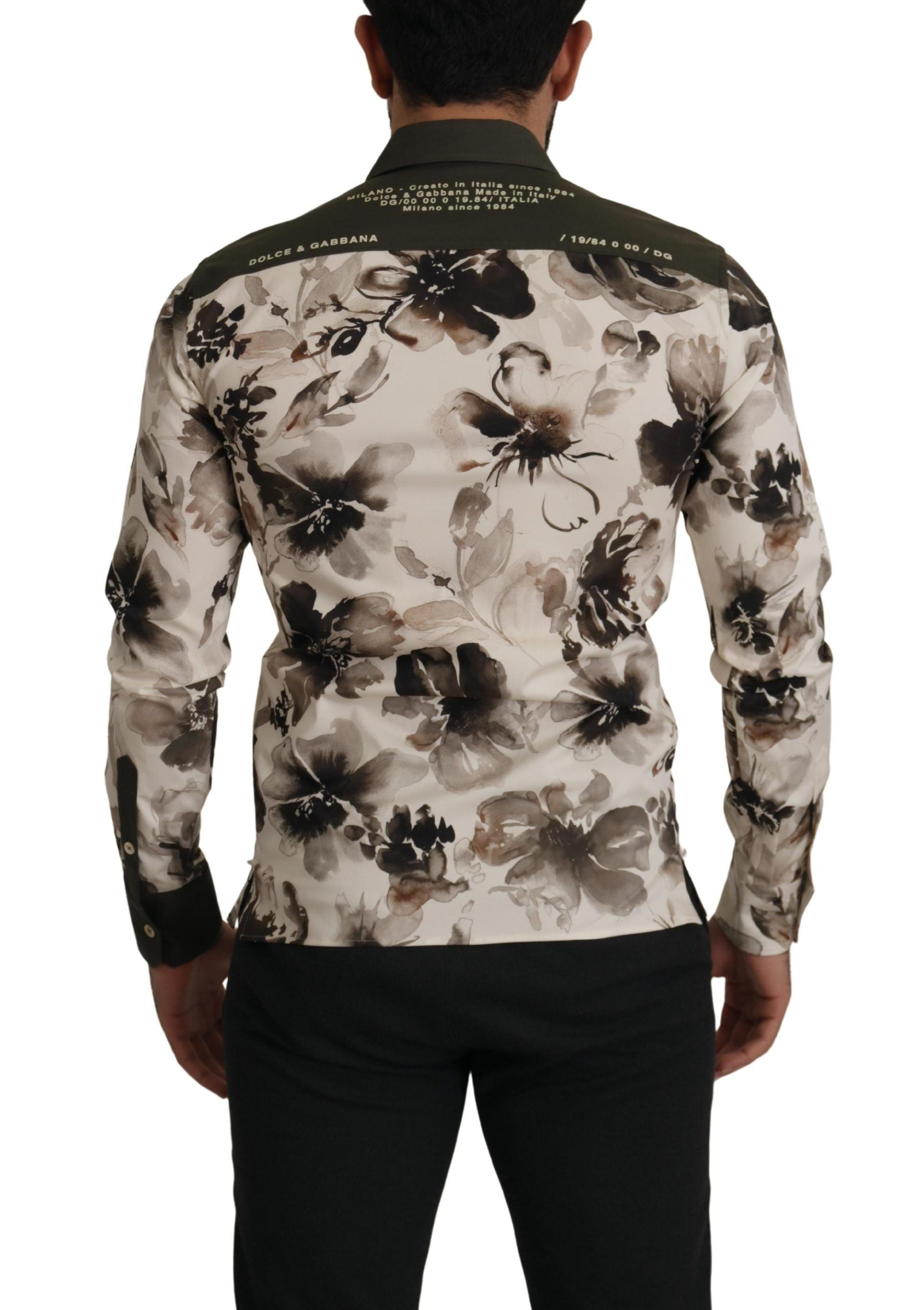 Dolce &amp; Gabbana Green Beige Floral Cotton Stretch Exclusive Shirt