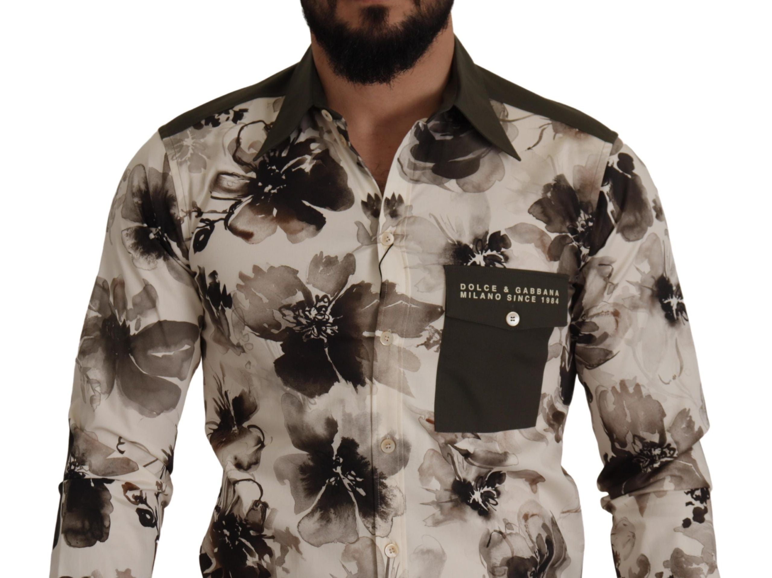 Dolce &amp; Gabbana Green Beige Floral Cotton Stretch Exclusive Shirt