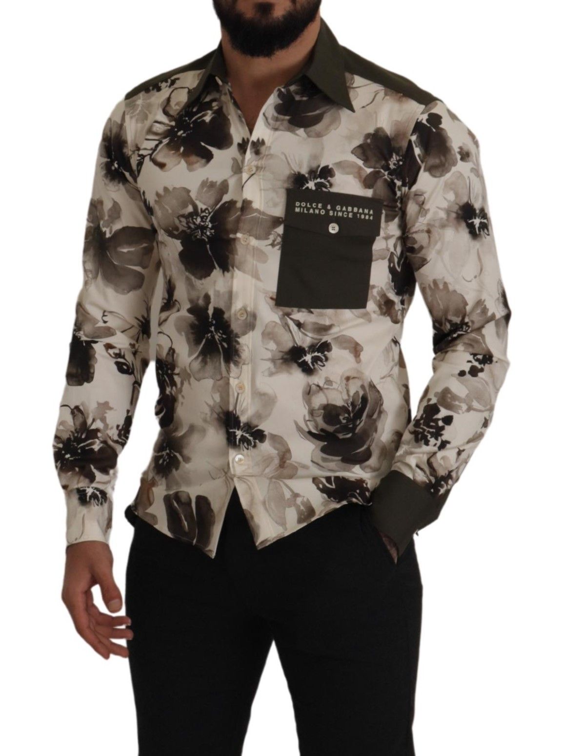 Dolce &amp; Gabbana Green Beige Floral Cotton Stretch Exclusive Shirt