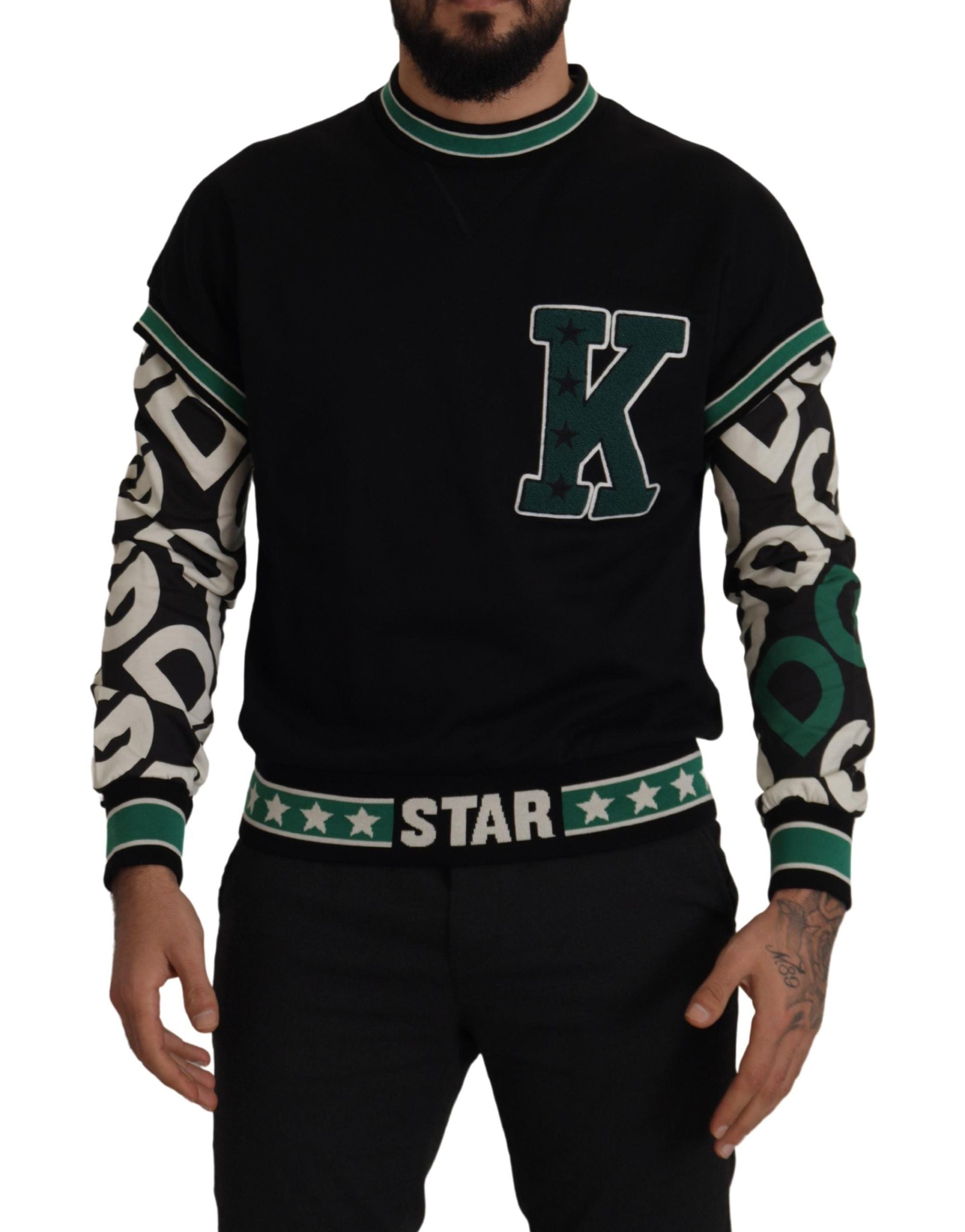 Dolce & Gabbana Schwarzgrüner Baumwoll-KING Star Pullover mit Rundhalsausschnitt