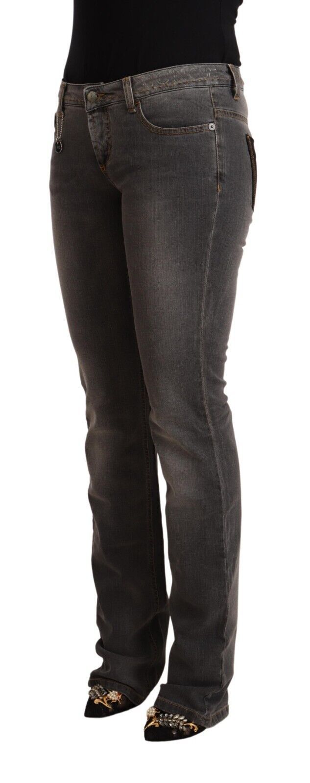 Costume National Gri Yıkanmış Düz Kot Pantolon Düşük Bel