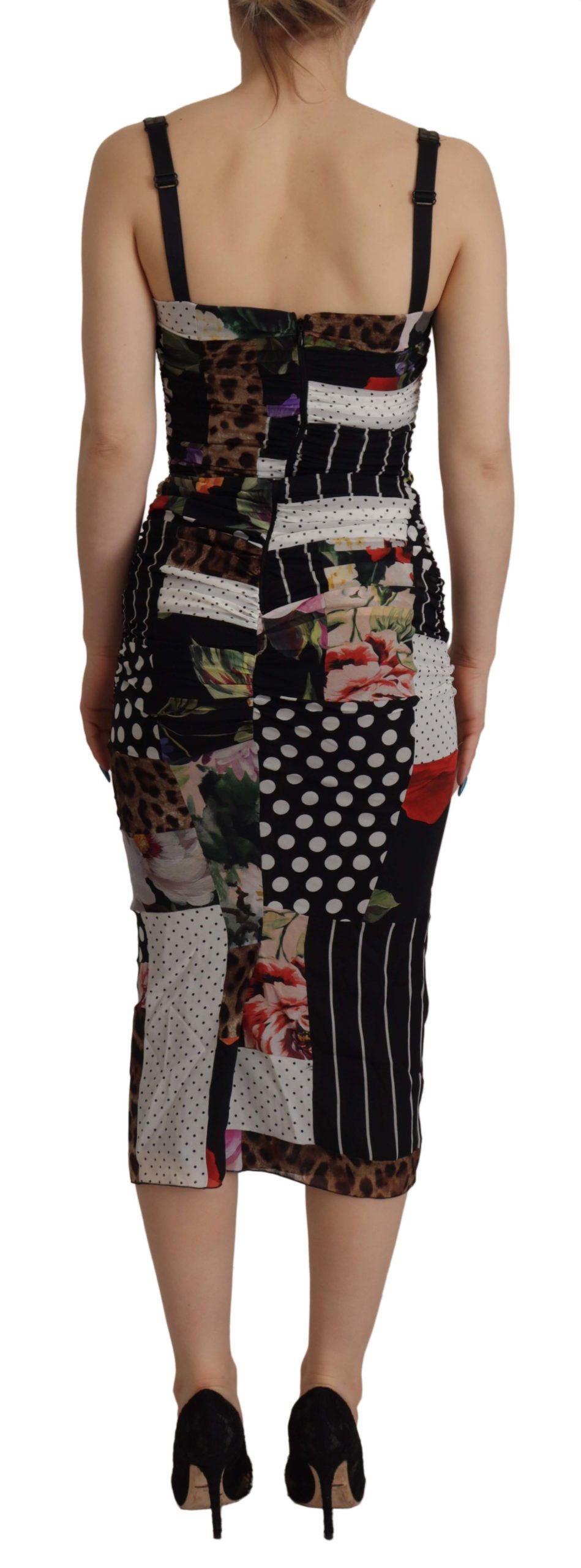 Dolce & Gabbana Multicolor Pachwork Midi-Seiden-Leoparden-Bodycon-Kleid mit Blumenmuster
