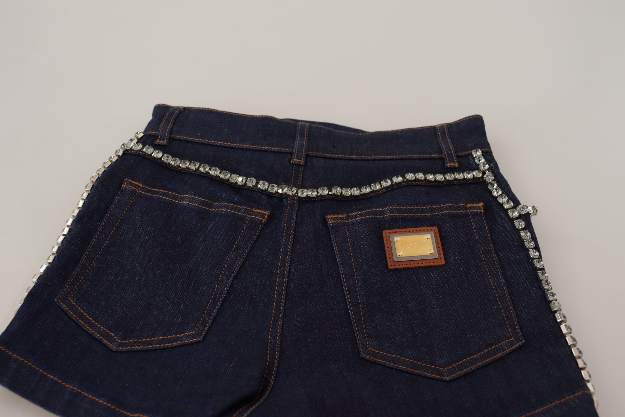 Dolce & Gabbana Blaue Denim Stretch Crystal Hot Pants Shorts