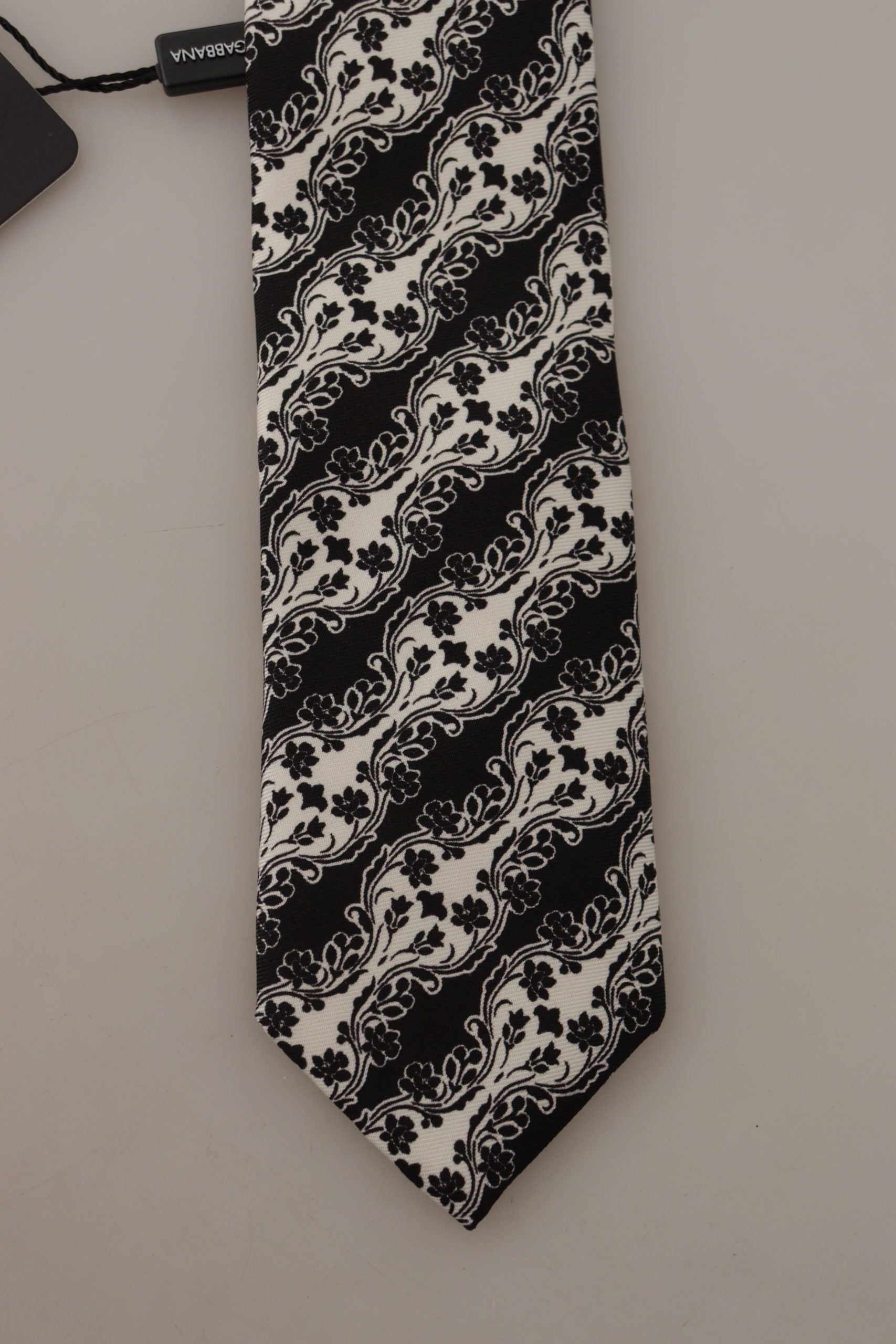 Dolce &amp; Gabbana Black White Flower 100% Silk Print Adjustable Accessory Tie