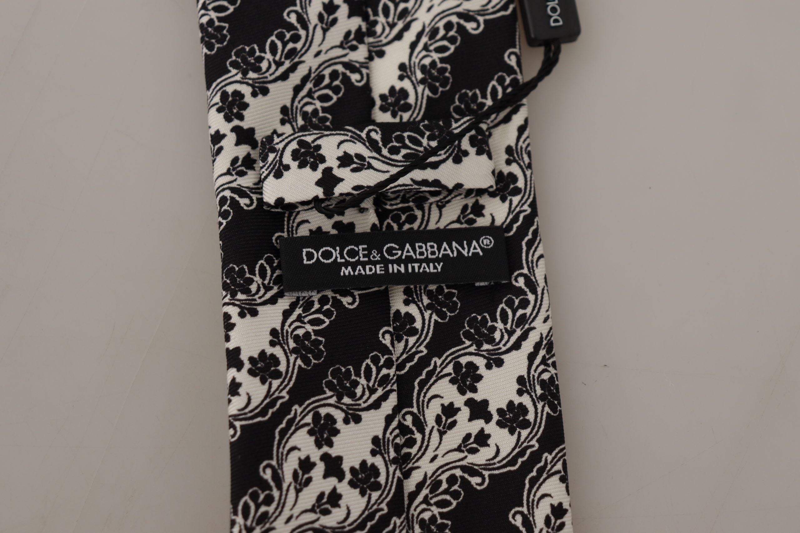 Dolce &amp; Gabbana Black White Flower 100% Silk Print Adjustable Accessory Tie