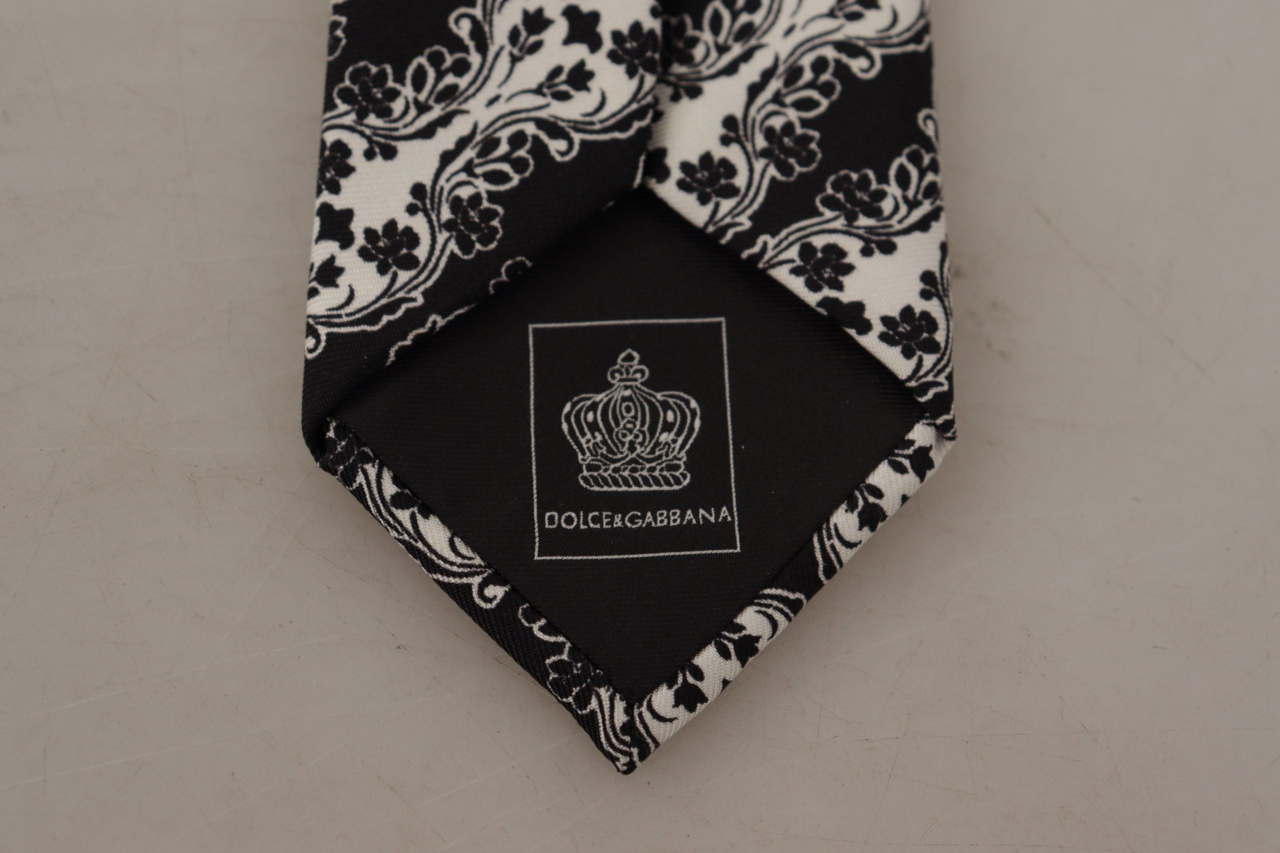Dolce &amp; Gabbana Black White Flower 100% Silk Print Adjustable Accessory Tie