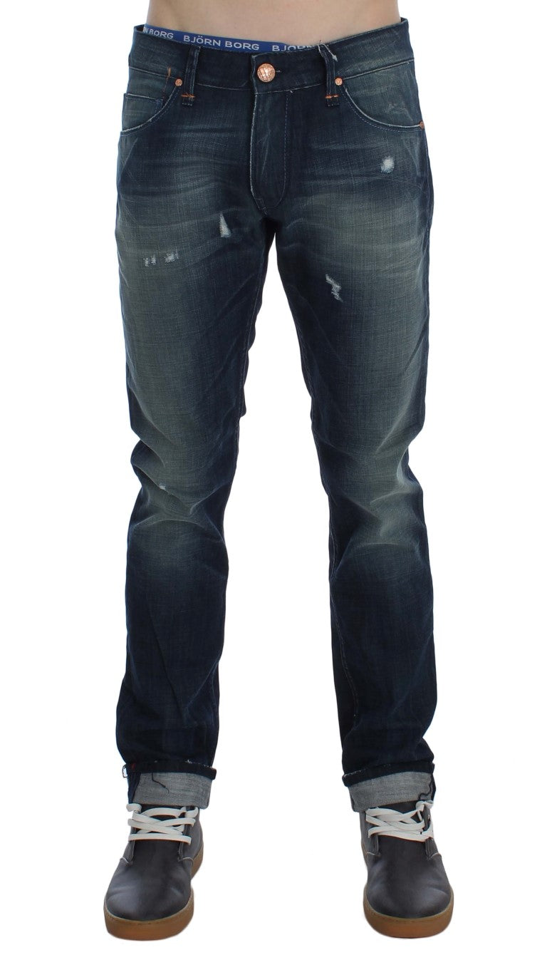 Eight Blue Wash Cotton Denim Slim Fit Jeans