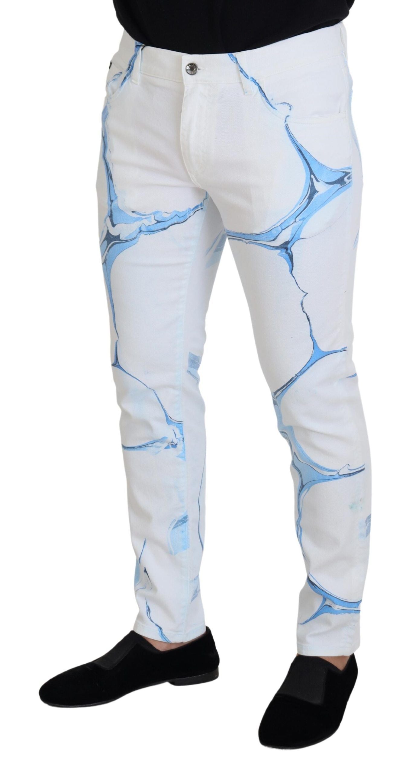 Dolce &amp; Gabbana White Blue Denim Cotton Jeans Stretch Skinny Fit Pants