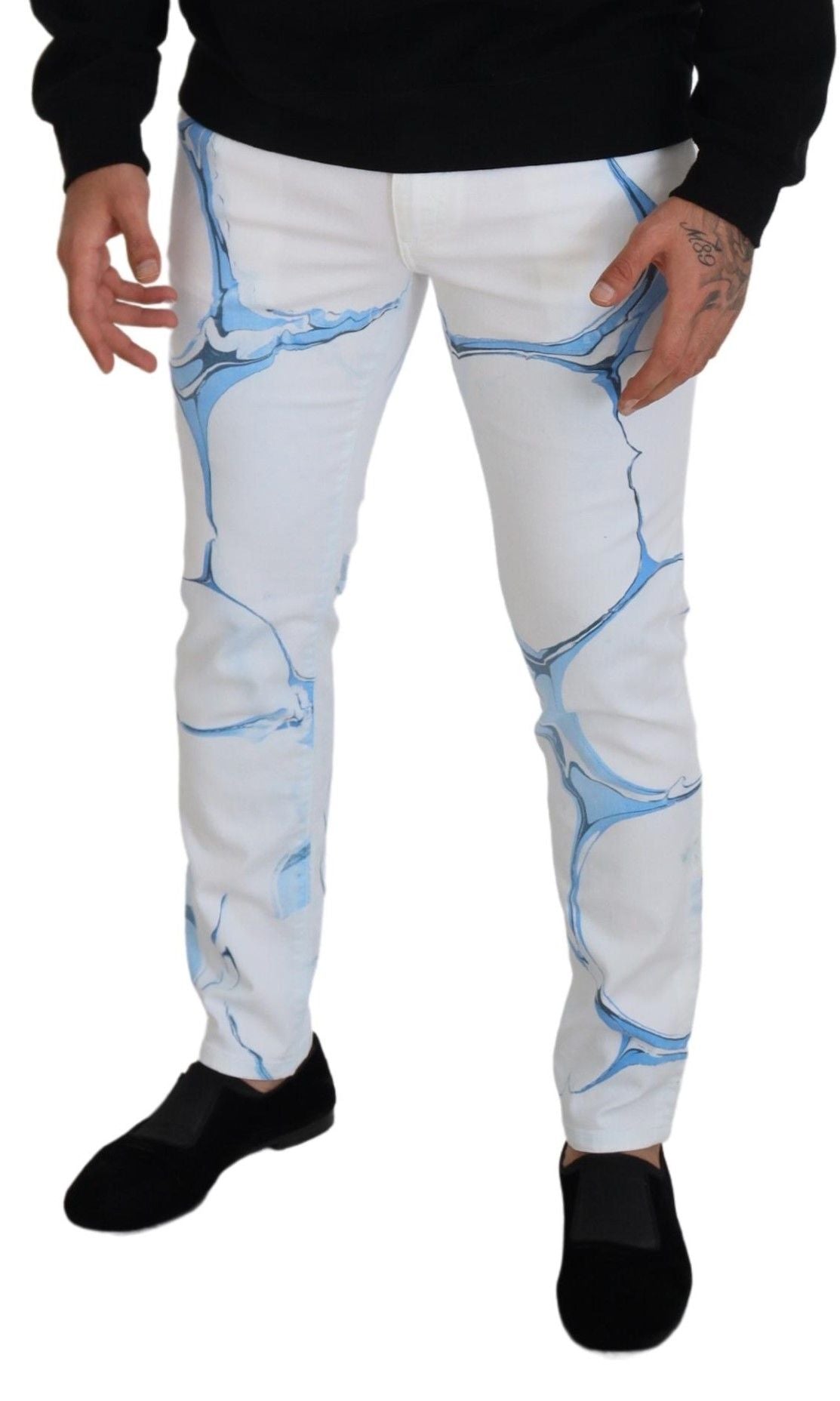 Dolce &amp; Gabbana White Blue Denim Cotton Jeans Stretch Skinny Fit Pants