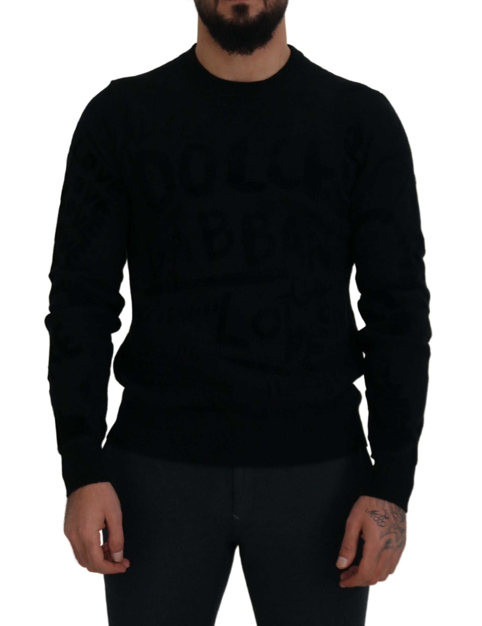 Dolce & Gabbana Schwarzer Wollpullover mit Logo-Muster und Rundhalsausschnitt