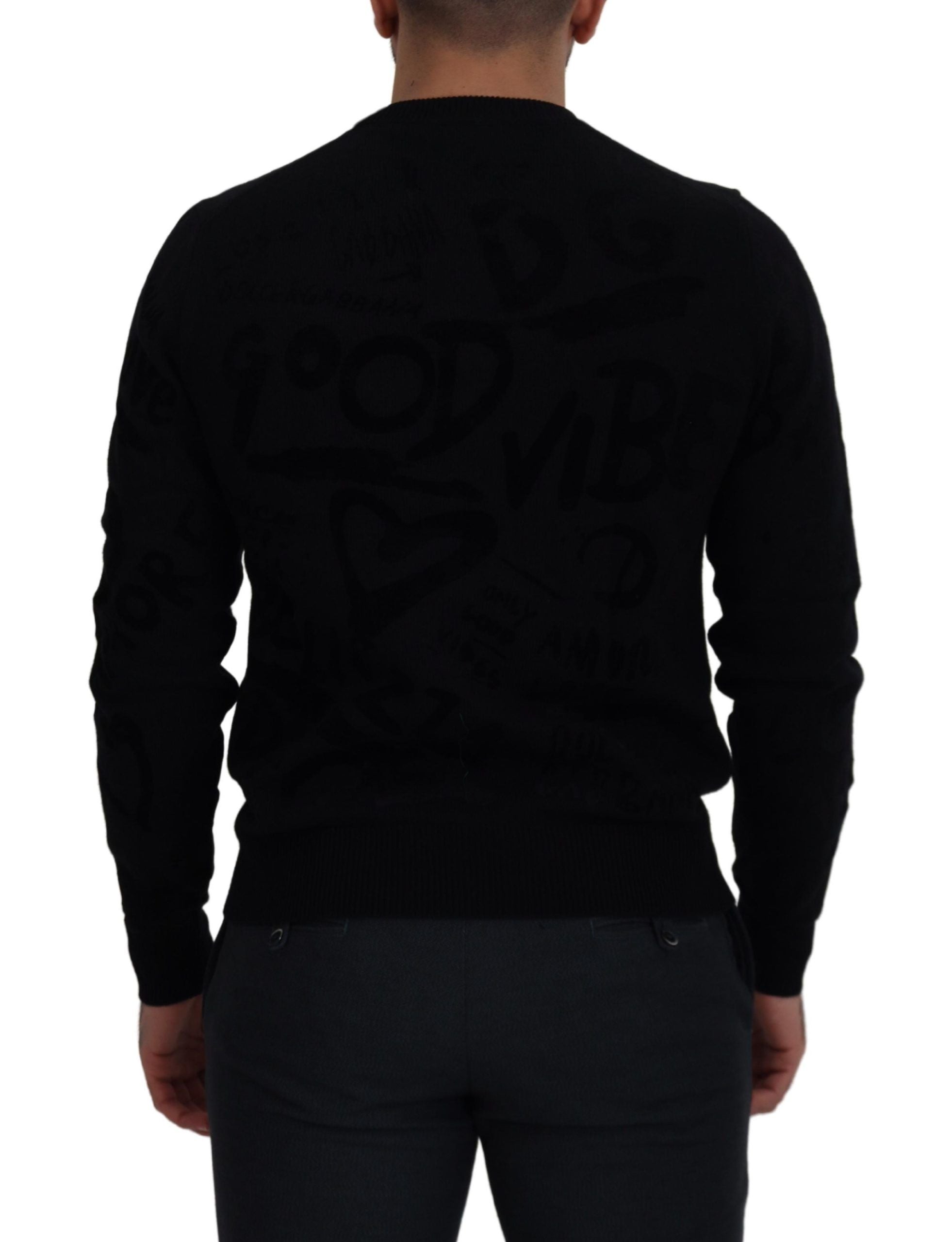 Dolce & Gabbana Schwarzer Wollpullover mit Logo-Muster und Rundhalsausschnitt