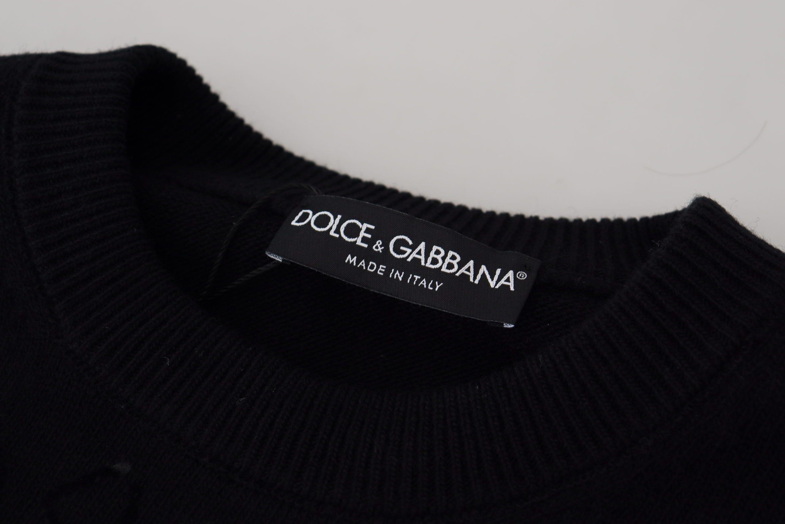 Dolce & Gabbana Schwarzer Wollpullover mit Logo-Muster und Rundhalsausschnitt