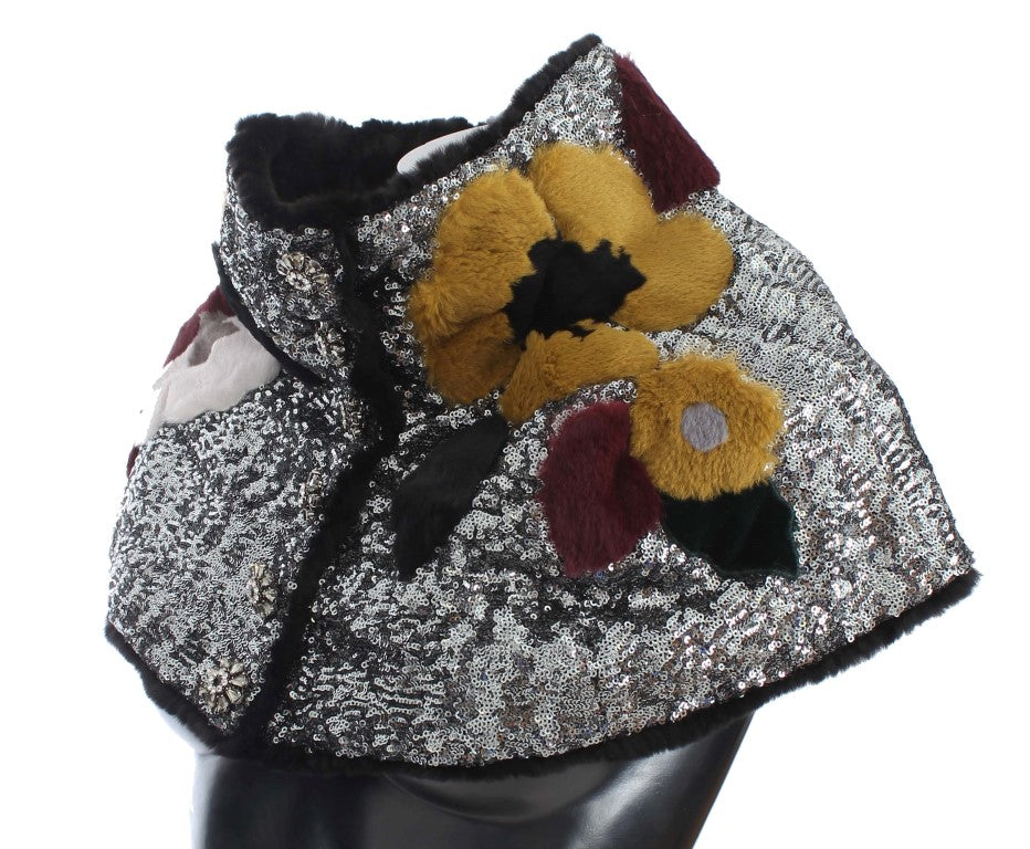 Dolce & Gabbana Silberner, paillettenbesetzter, floraler Wiesel-Pelz-Schultertuch-Wickelschal