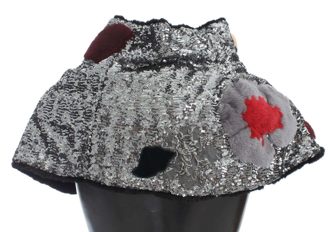 Dolce & Gabbana Silberner, paillettenbesetzter, floraler Wiesel-Pelz-Schultertuch-Wickelschal