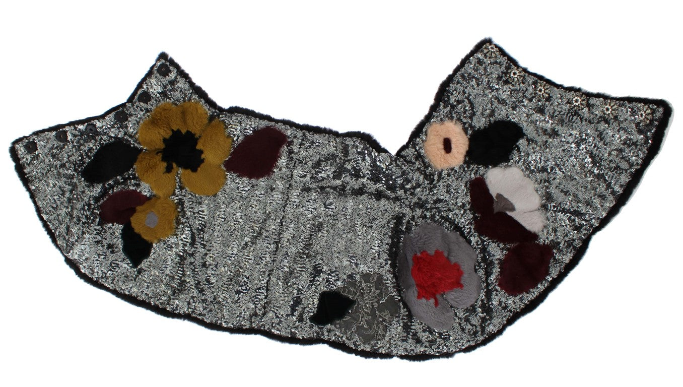 Dolce & Gabbana Silberner, paillettenbesetzter, floraler Wiesel-Pelz-Schultertuch-Wickelschal