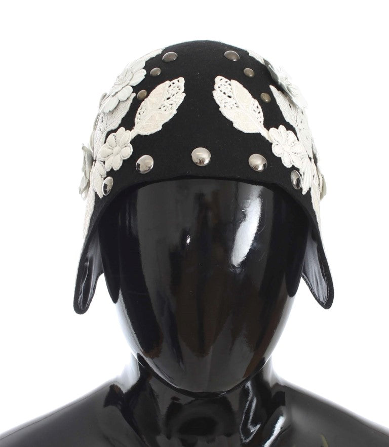 Dolce &amp; Gabbana Black Wool White Floral Gold Leaf Hat