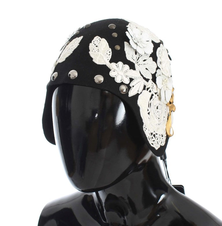 Dolce &amp; Gabbana Black Wool White Floral Gold Leaf Hat