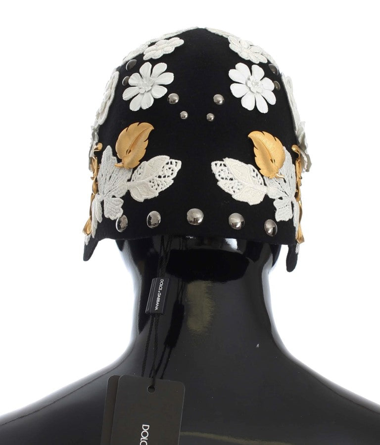 Dolce &amp; Gabbana Black Wool White Floral Gold Leaf Hat