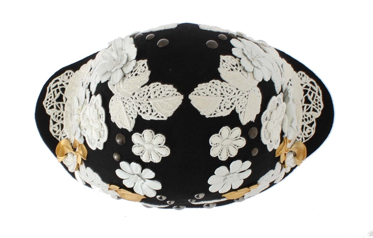 Dolce &amp; Gabbana Black Wool White Floral Gold Leaf Hat