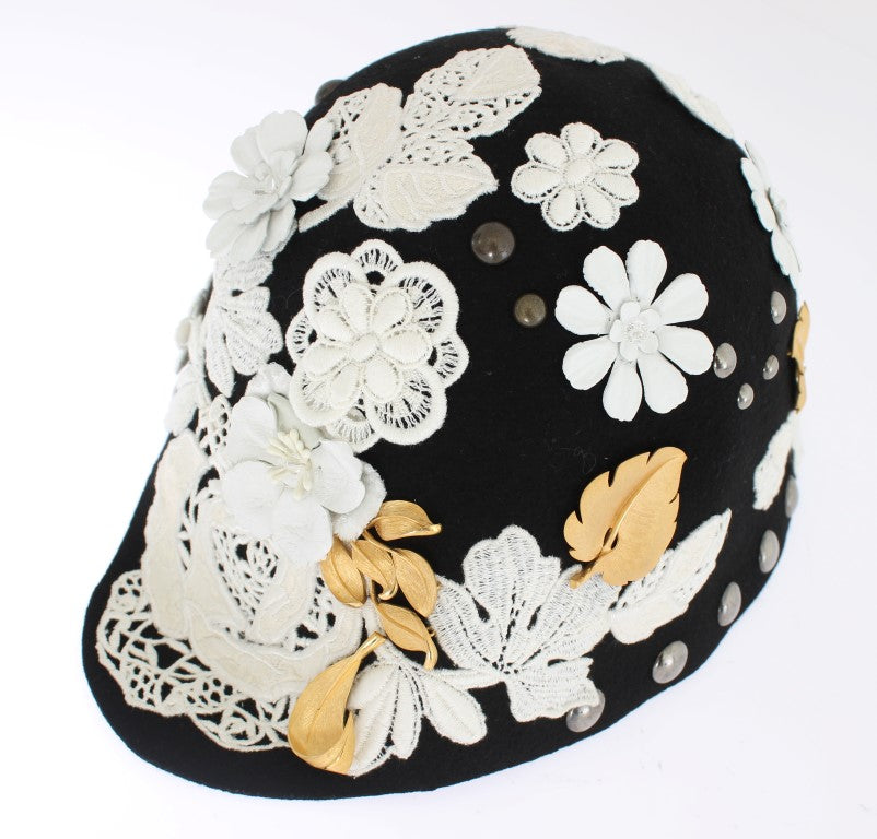Dolce &amp; Gabbana Black Wool White Floral Gold Leaf Hat