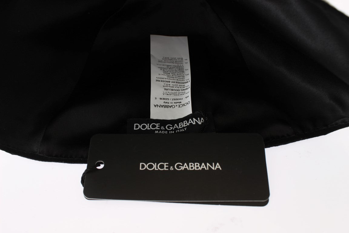 Dolce &amp; Gabbana Black Wool White Floral Gold Leaf Hat