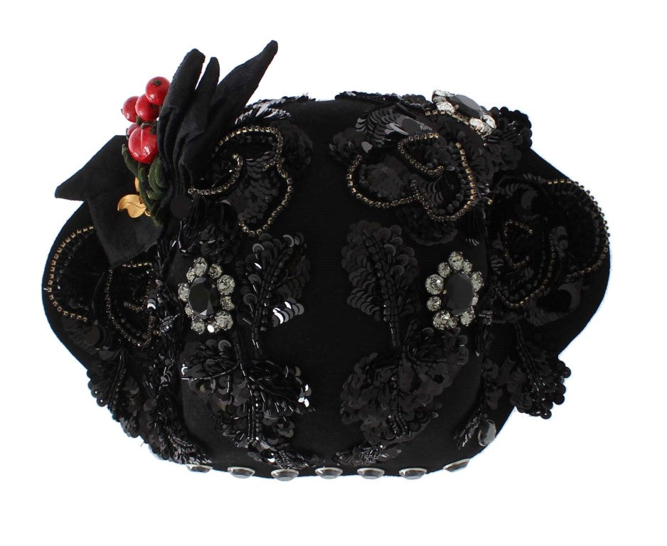 Dolce &amp; Gabbana Black Crystal Gold Cherries Brooch Hat