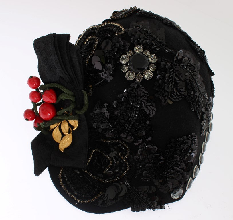 Dolce &amp; Gabbana Black Crystal Gold Cherries Brooch Hat