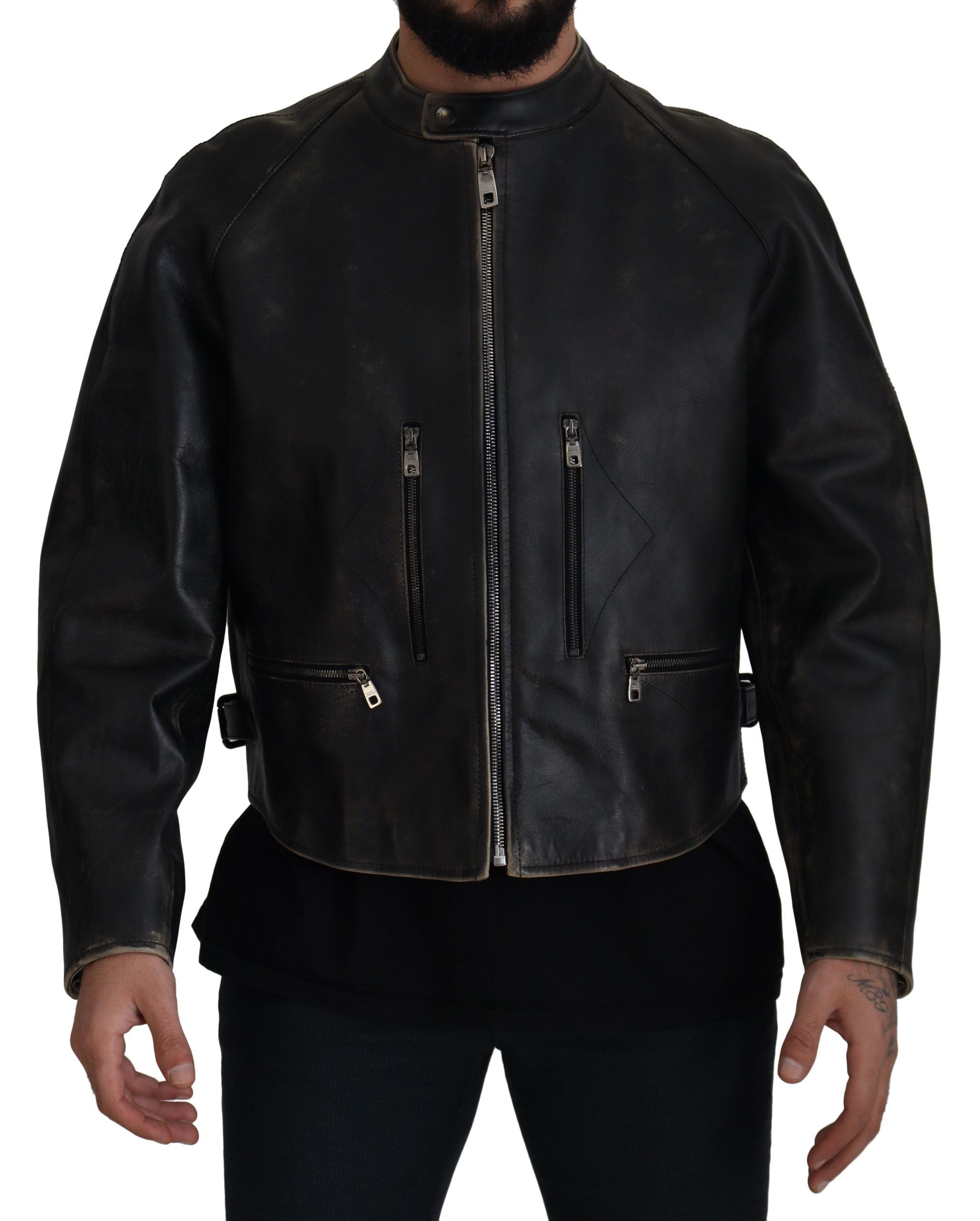 Dolce & Gabbana Schwarzer Leder Bikermantel mit Reißverschluss Jacke