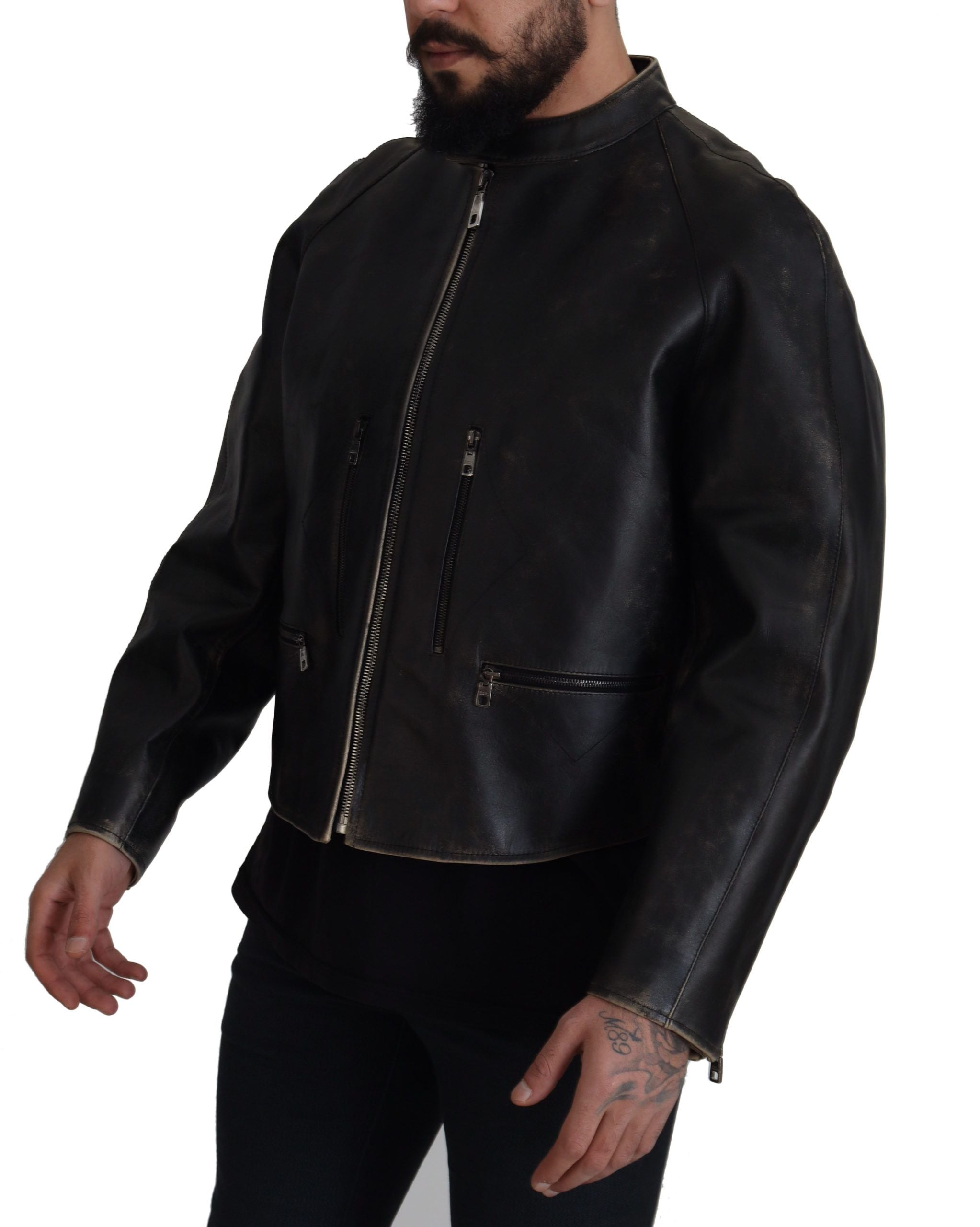 Dolce & Gabbana Schwarzer Leder Bikermantel mit Reißverschluss Jacke