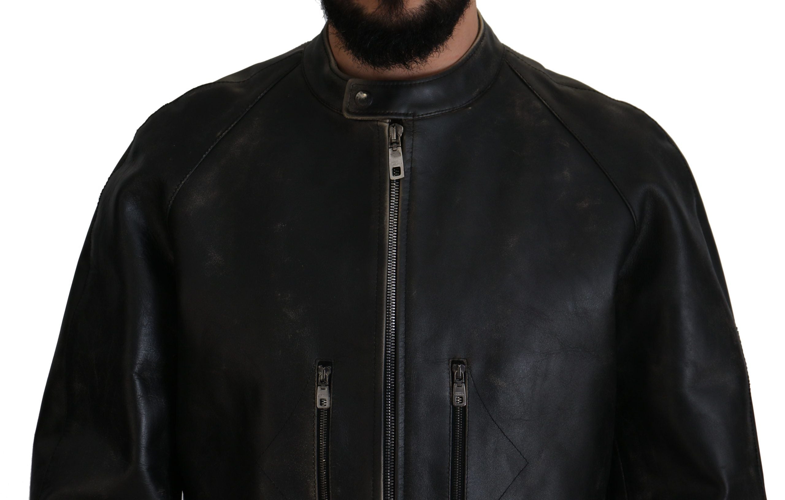 Dolce & Gabbana Schwarzer Leder Bikermantel mit Reißverschluss Jacke