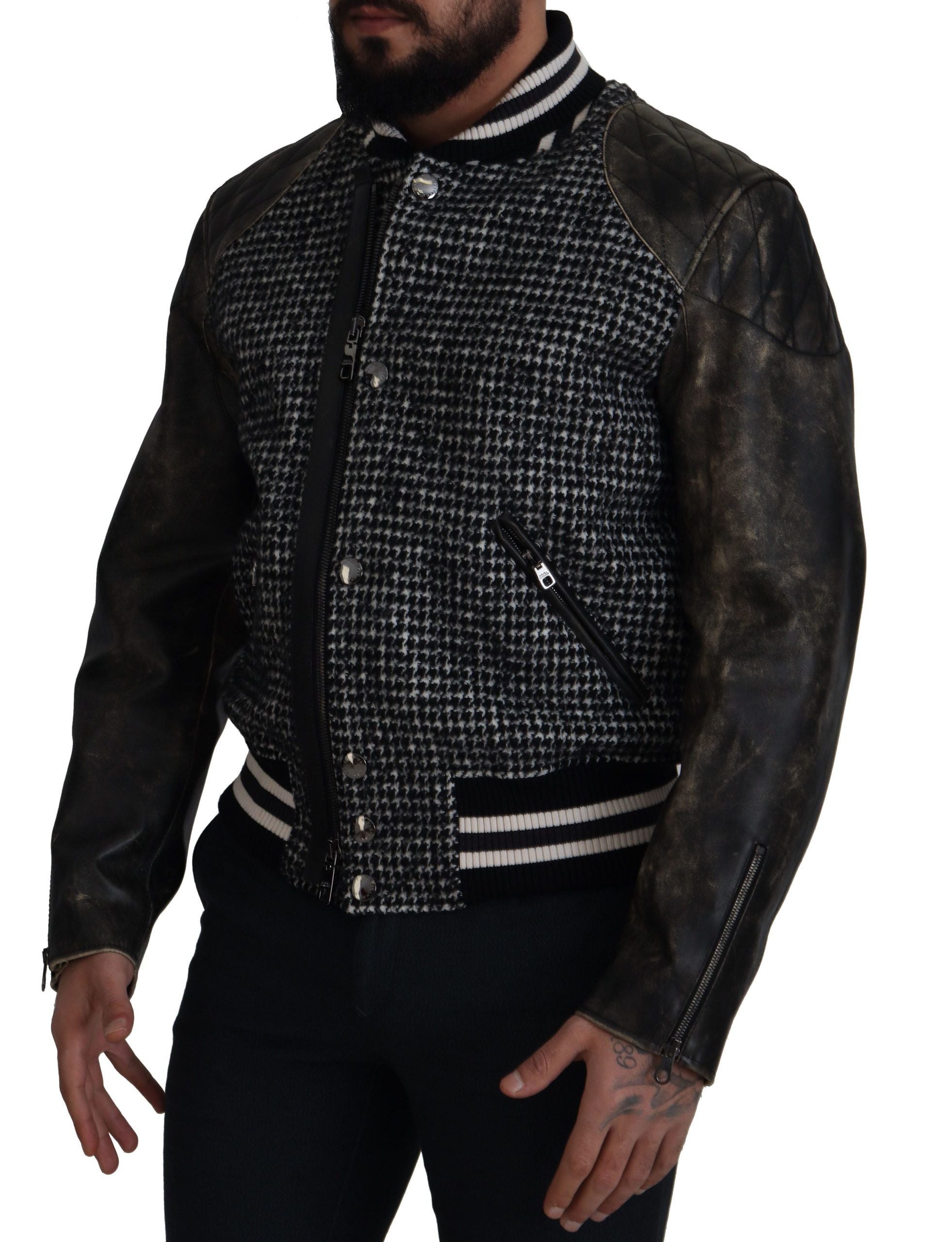 Dolce &amp; Gabbana Black houndstooth polyester bomber jacket