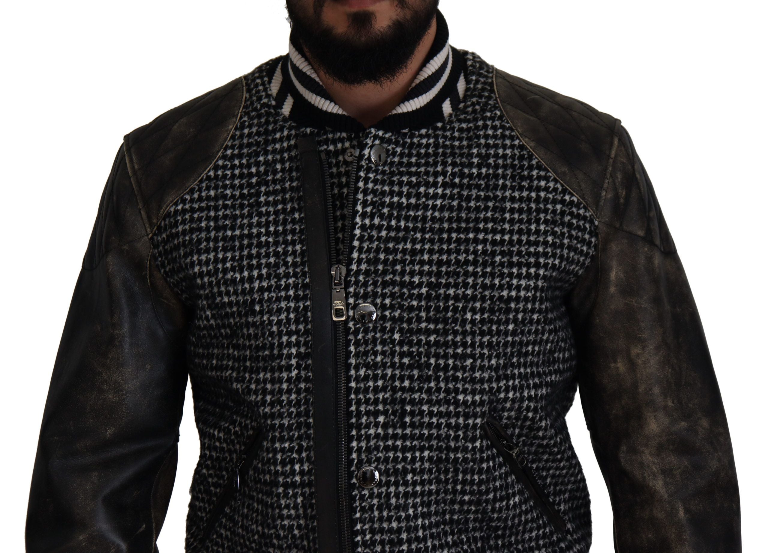 Dolce &amp; Gabbana Black houndstooth polyester bomber jacket