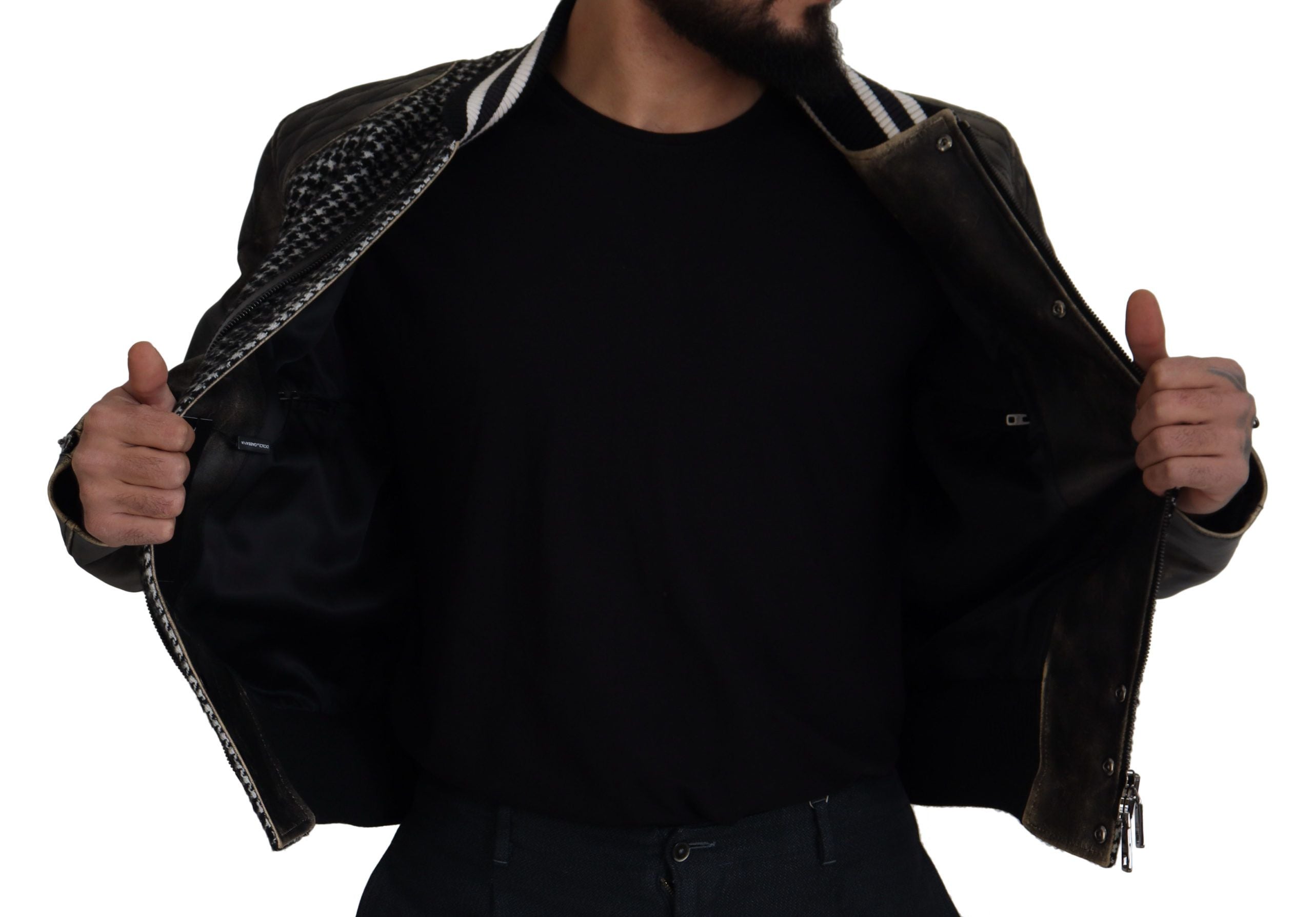 Dolce &amp; Gabbana Black houndstooth polyester bomber jacket