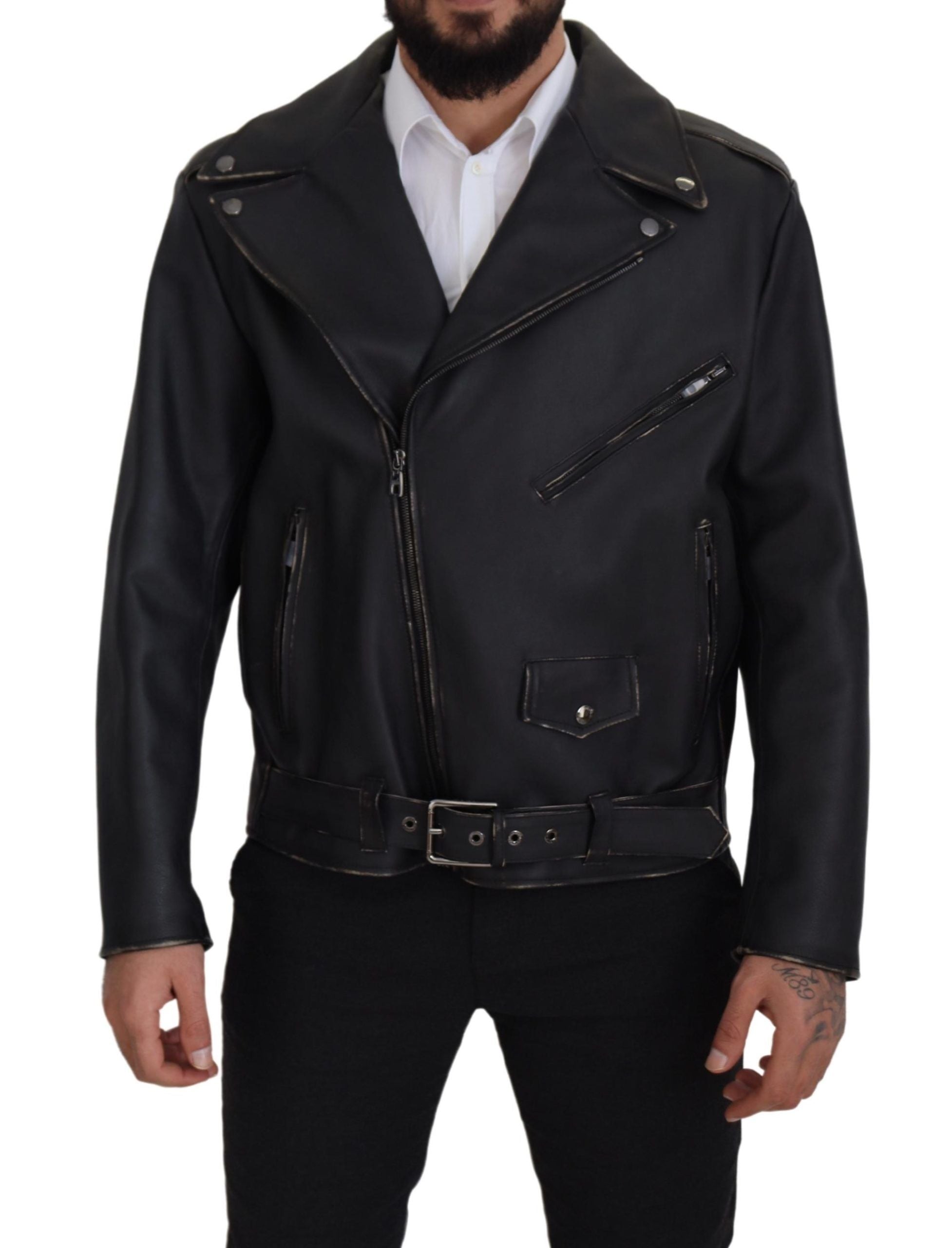 Dolce & Gabbana Schwarzer Leder Bikermantel Zipper Jacke