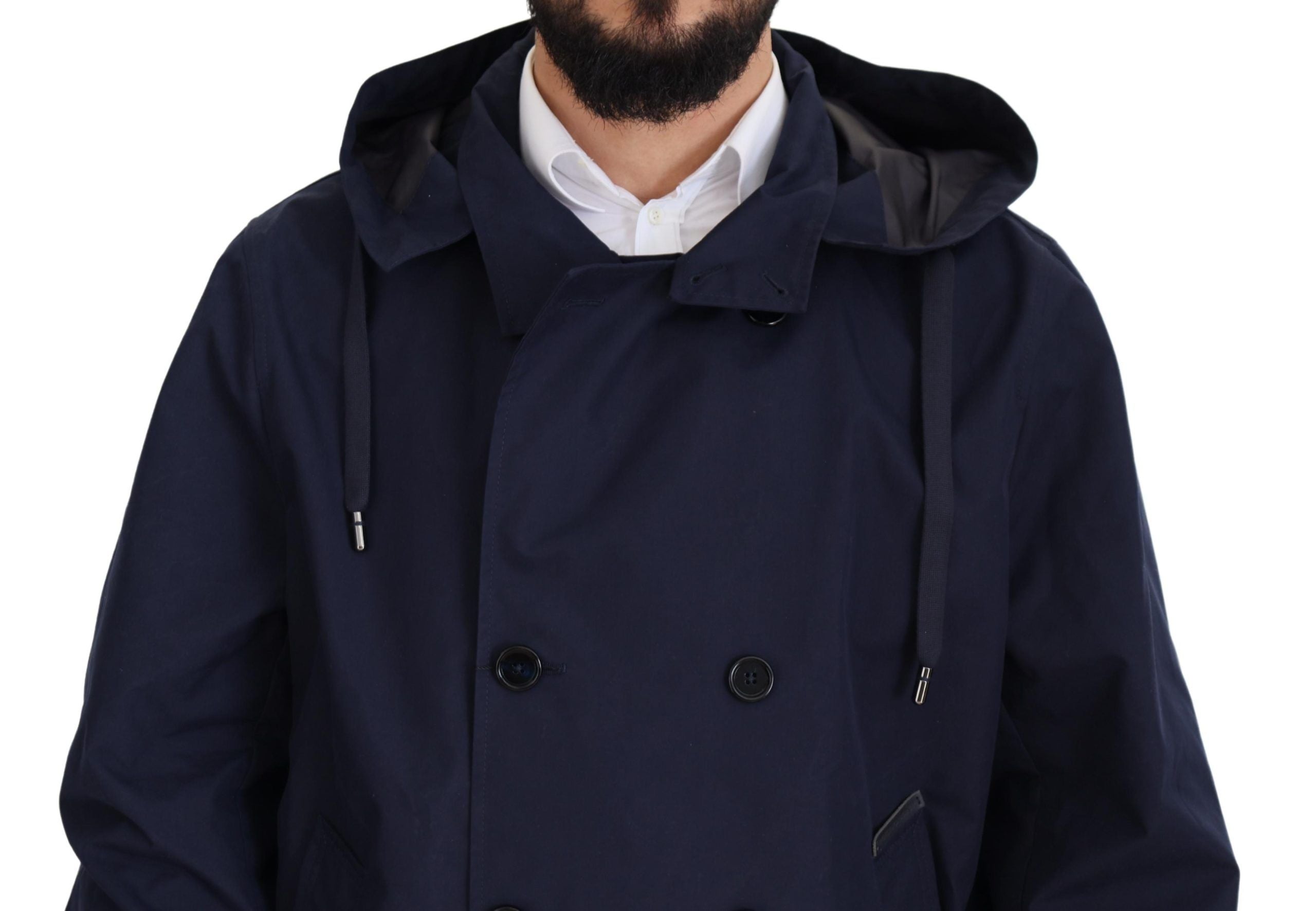 Dolce &amp; Gabbana Blue Double-Breasted Hooded Coat Jacket
