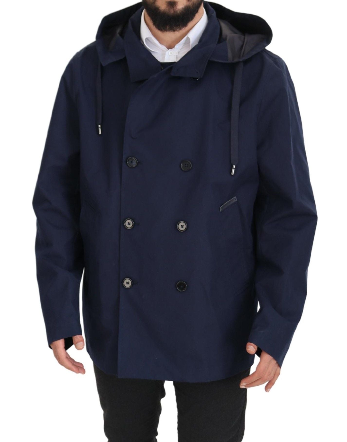 Dolce &amp; Gabbana Blue Double-Breasted Hooded Coat Jacket