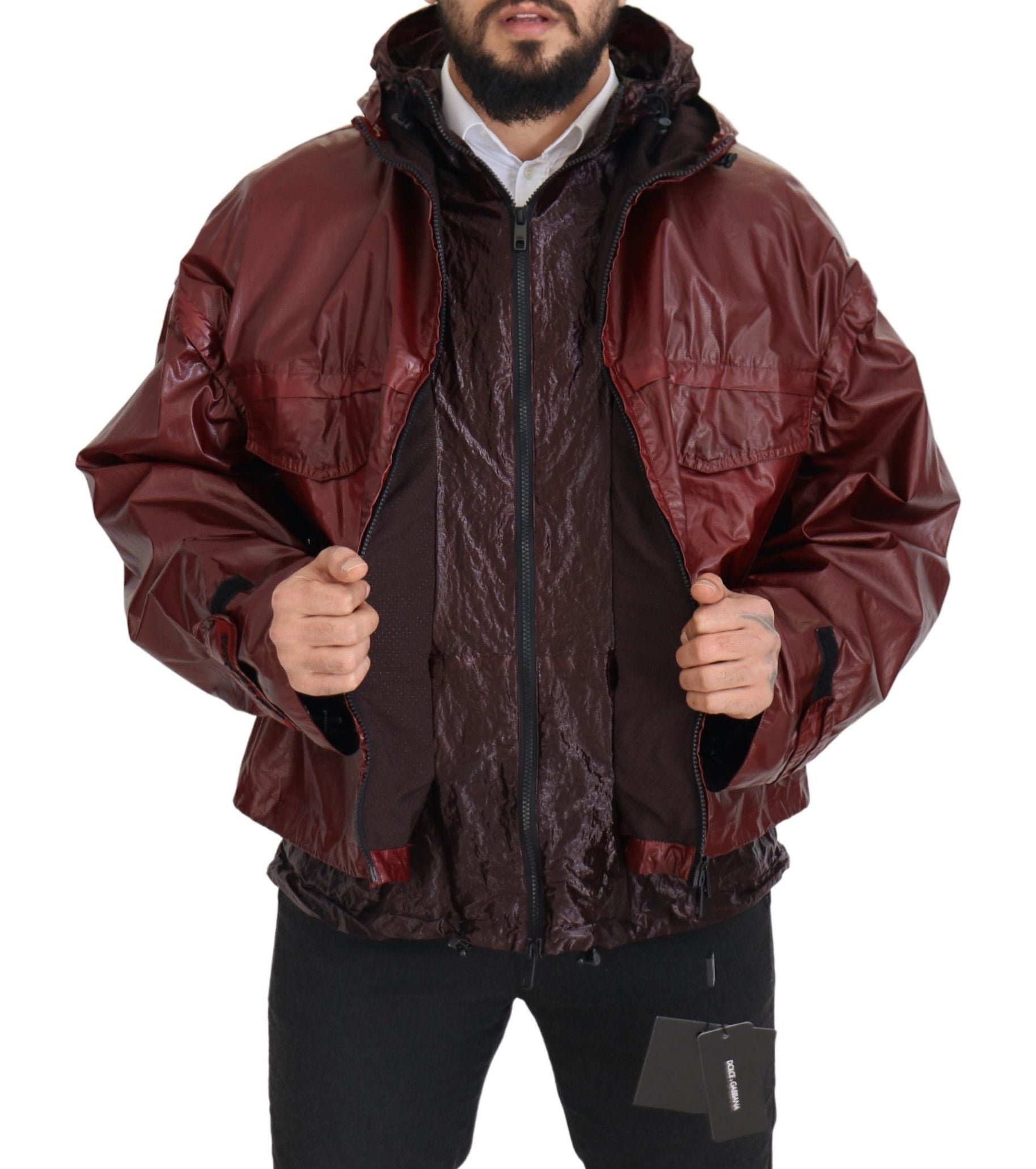 Dolce &amp; Gabbana burgundy cotton jacket with hood and zip