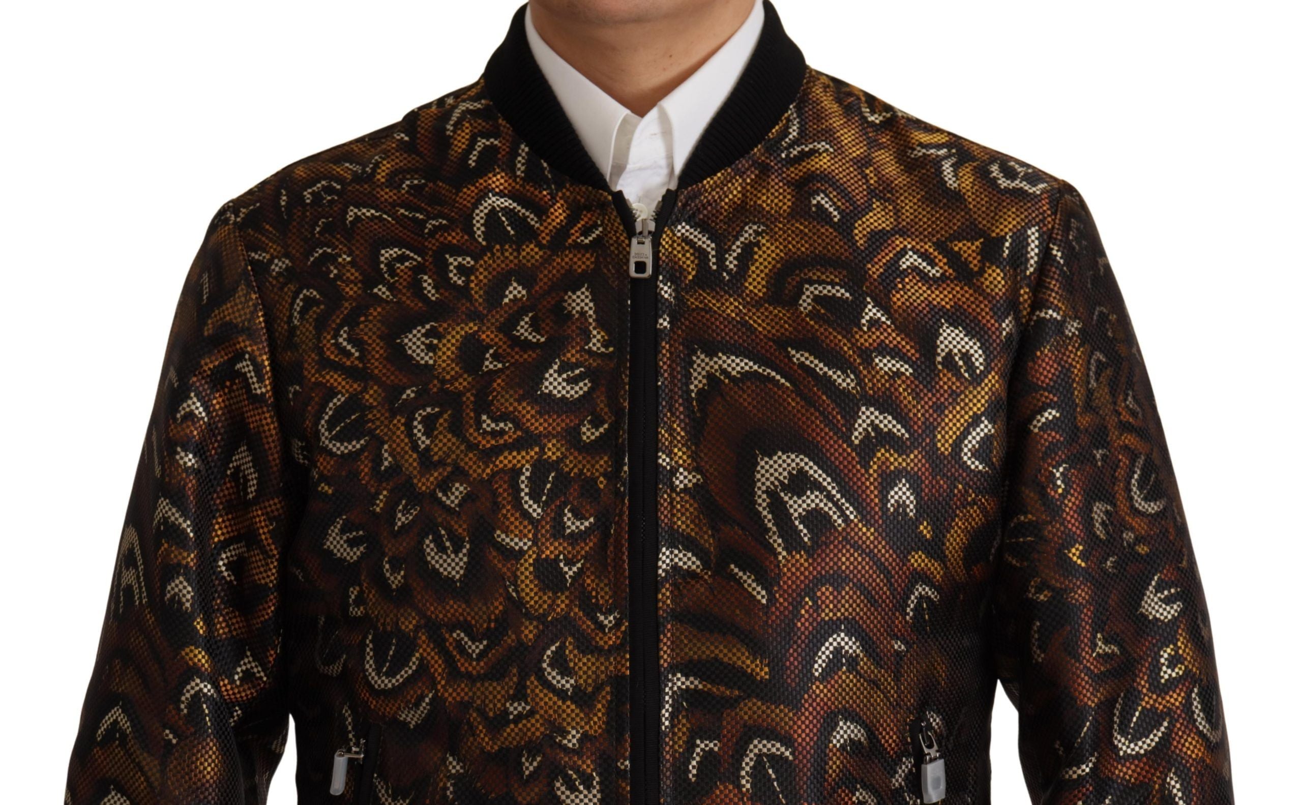 Dolce &amp; Gabbana Brown Feather Full-Zip Blouson Jacket