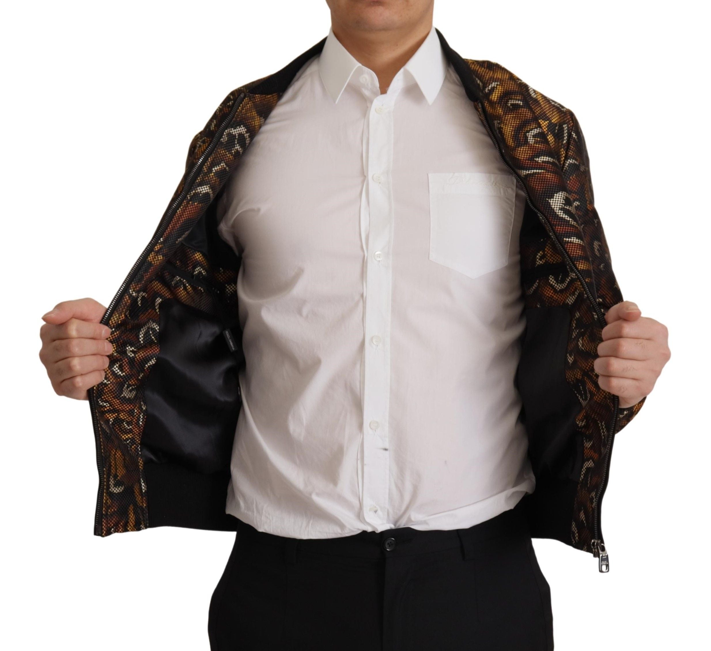 Dolce &amp; Gabbana Brown Feather Full-Zip Blouson Jacket