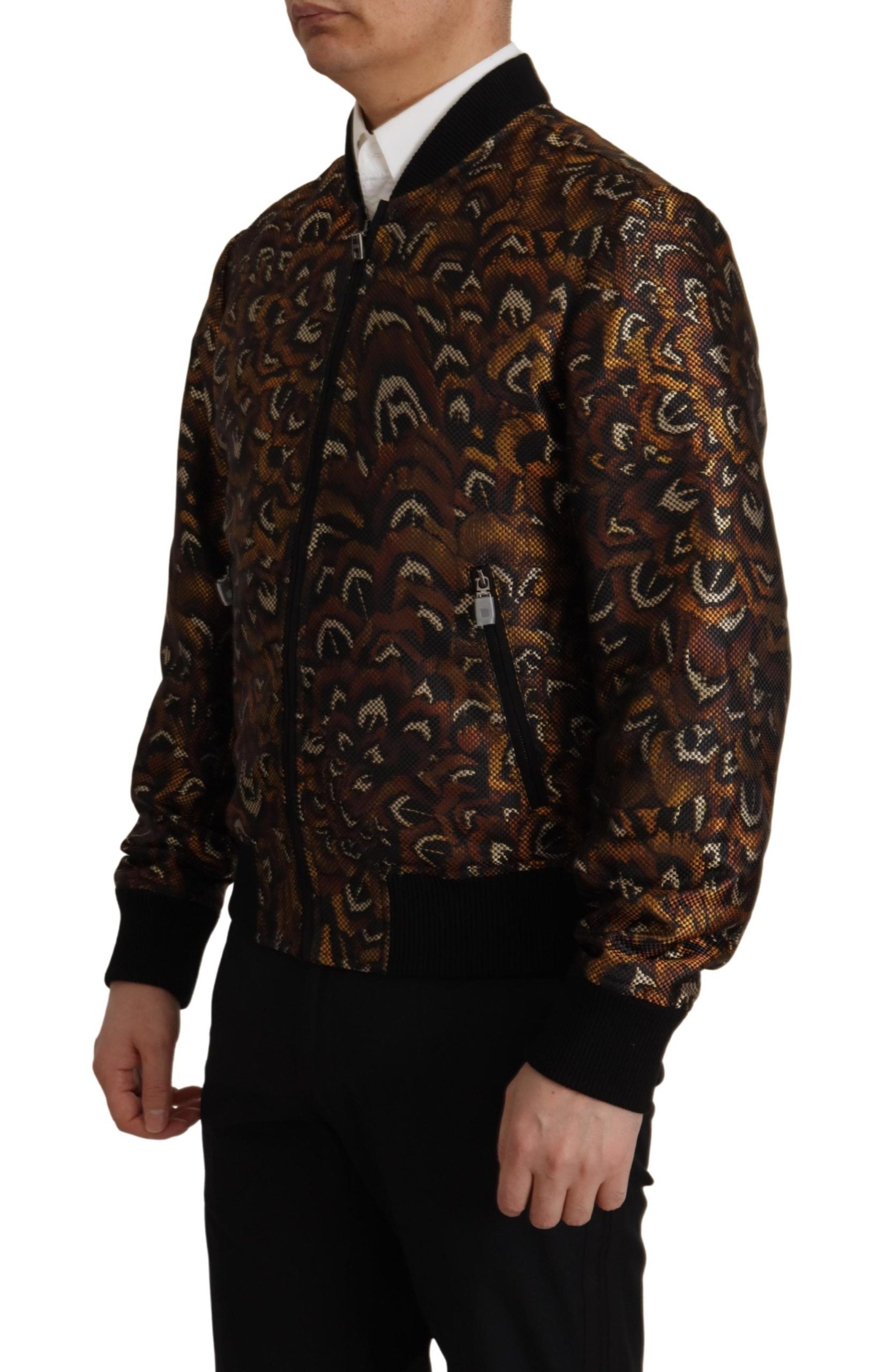 Dolce &amp; Gabbana Brown Feather Full-Zip Blouson Jacket