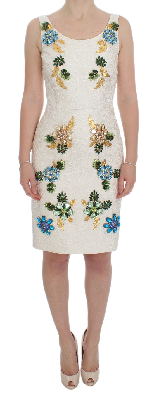 Dolce &amp; Gabbana White Brocade Crystal Sheath Dress