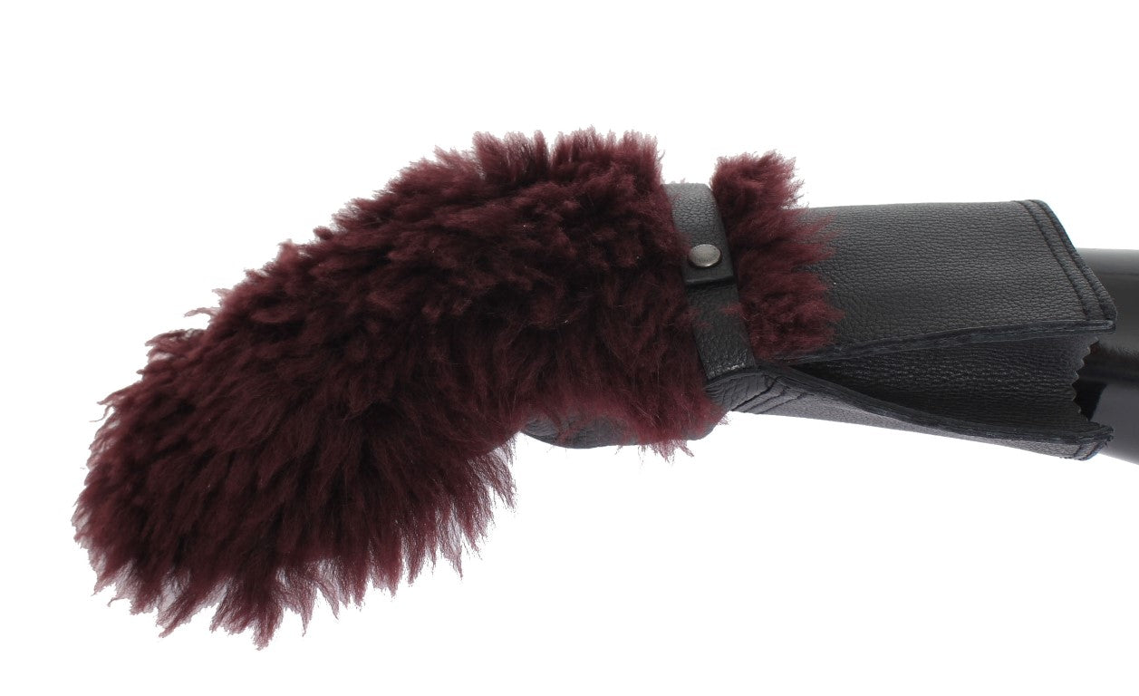 Dolce & Gabbana Schwarz Leder Bordeaux Shearling Handschuhe