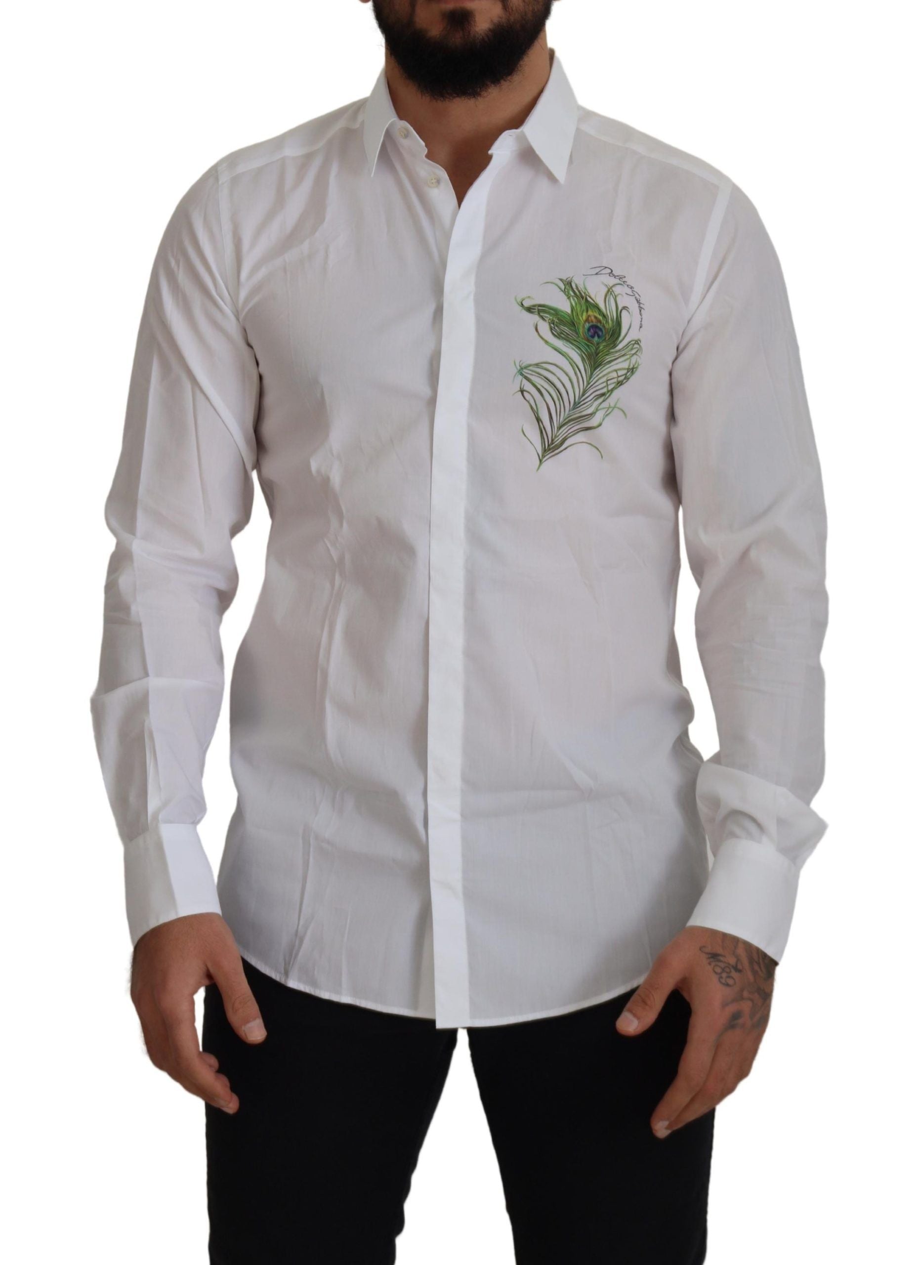 Dolce &amp; Gabbana White Cotton Peacock Feather Formal GOLD Shirt