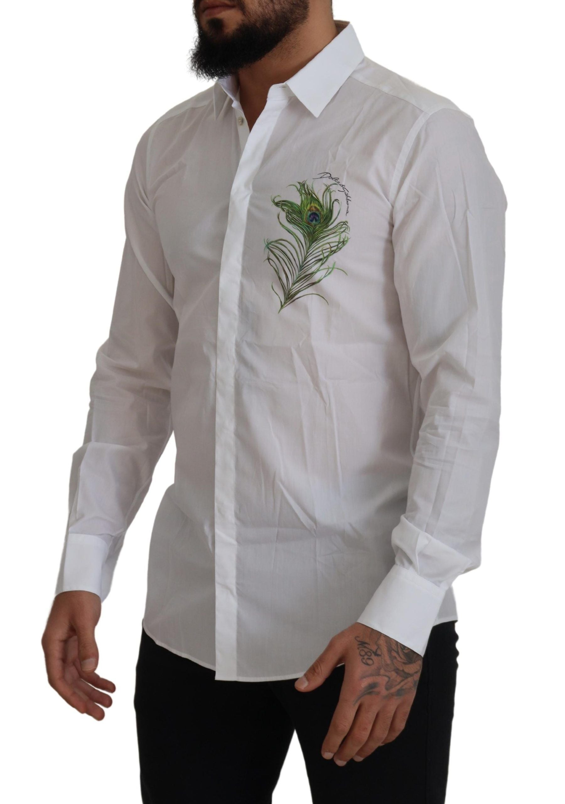 Dolce &amp; Gabbana White Cotton Peacock Feather Formal GOLD Shirt