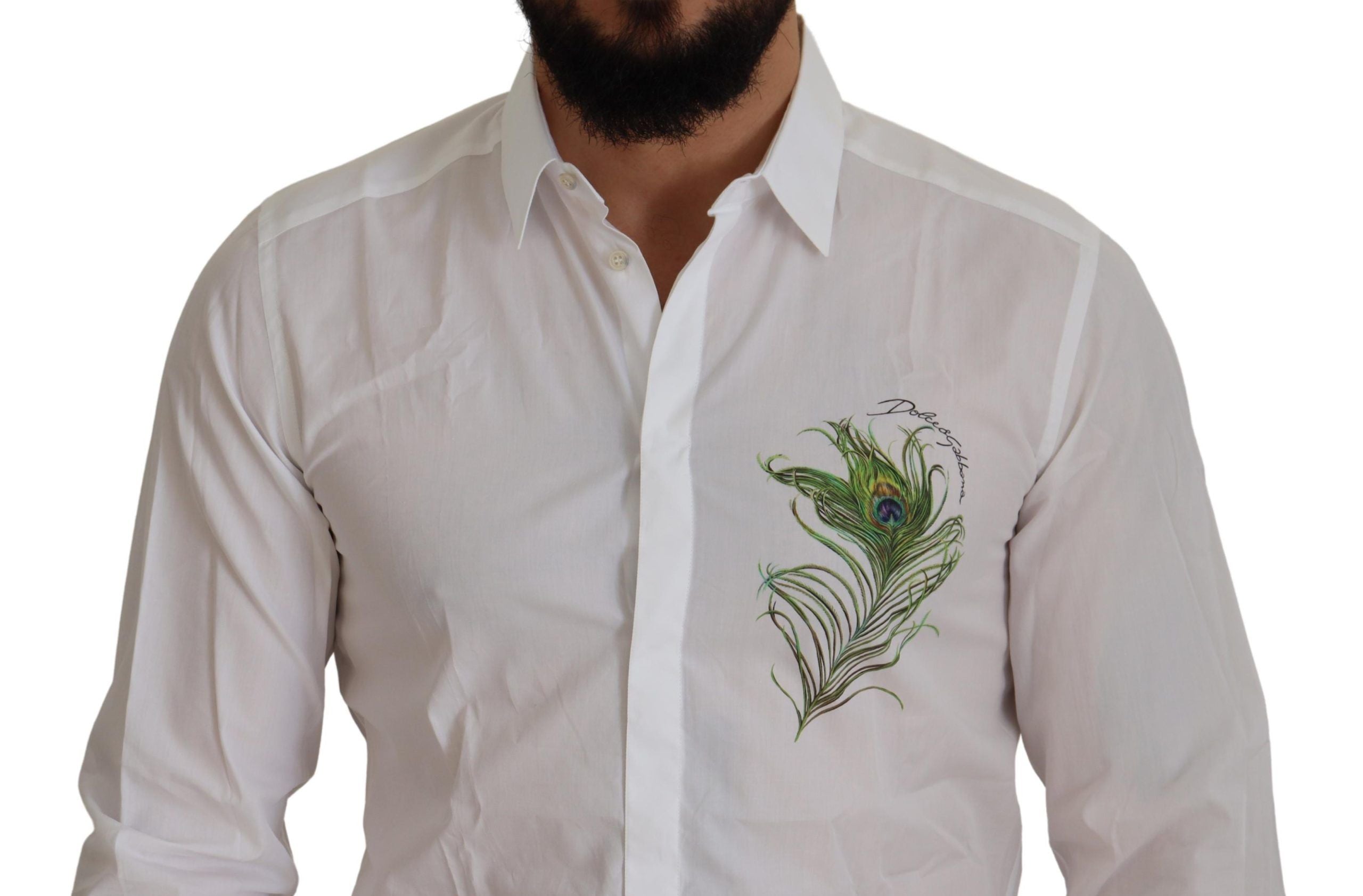 Dolce &amp; Gabbana White Cotton Peacock Feather Formal GOLD Shirt
