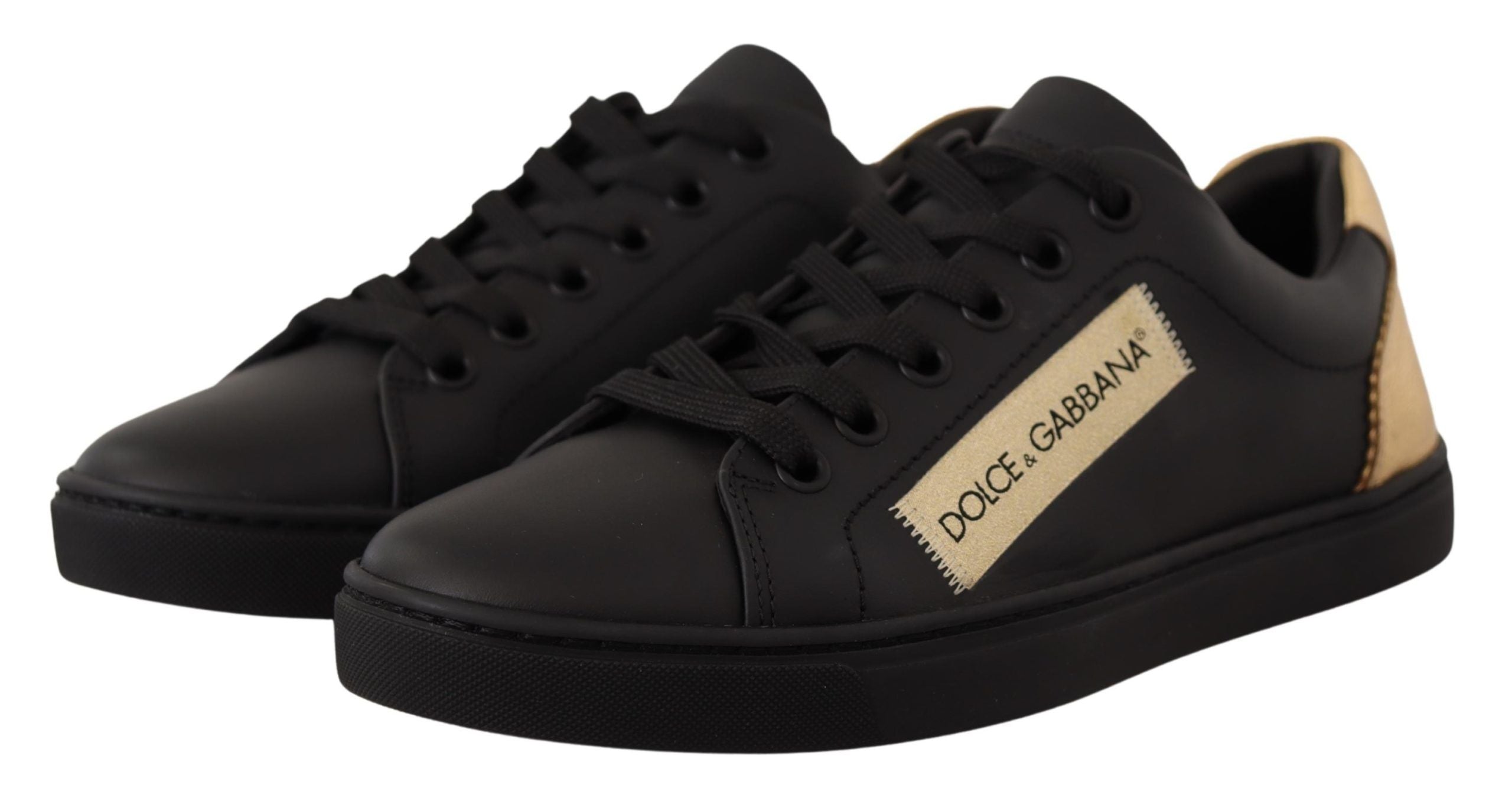 Dolce &amp; Gabbana Black Gold Leather Low Top Sneakers Women Shoes