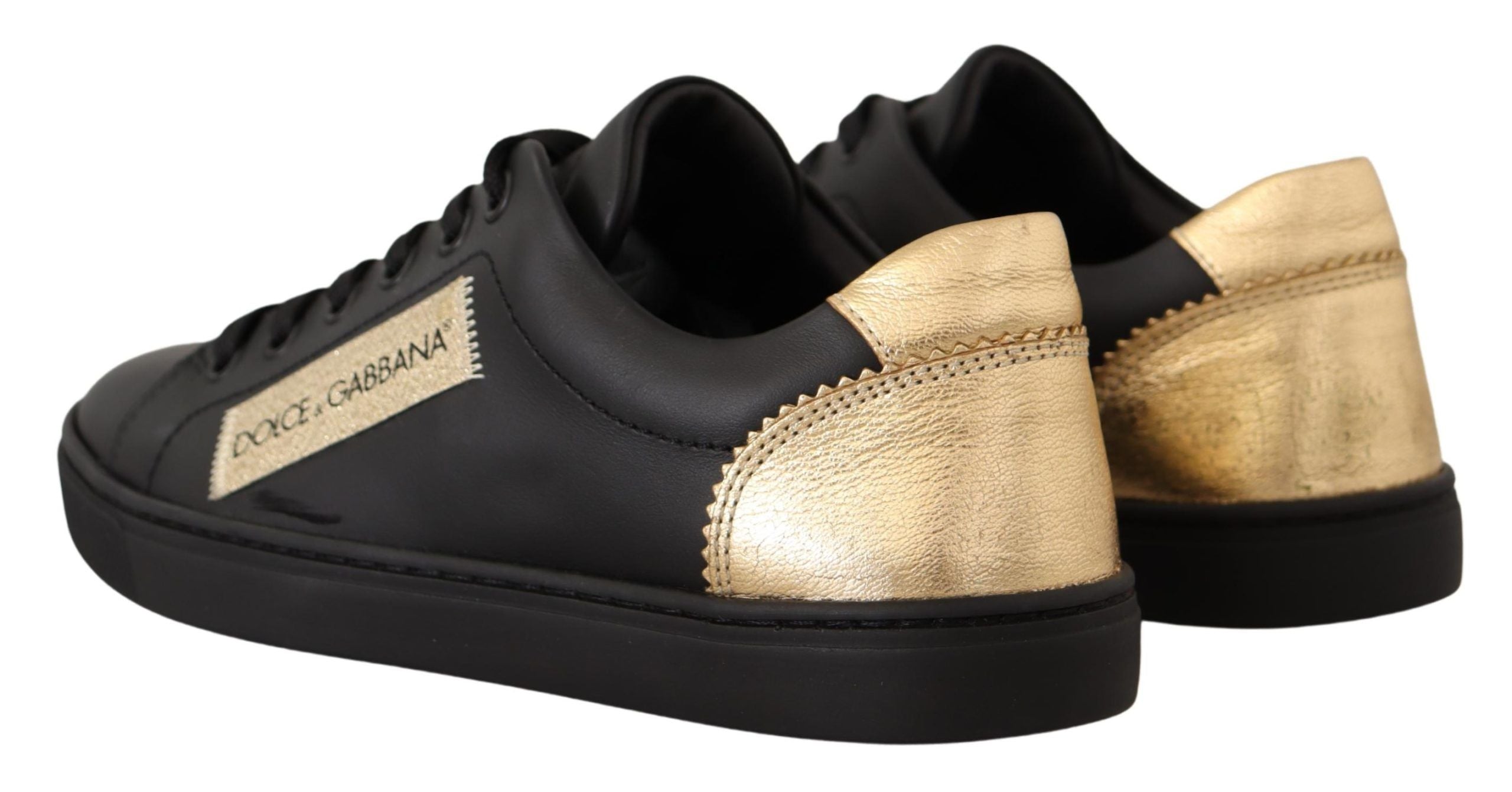 Dolce &amp; Gabbana Black Gold Leather Low Top Sneakers Women Shoes