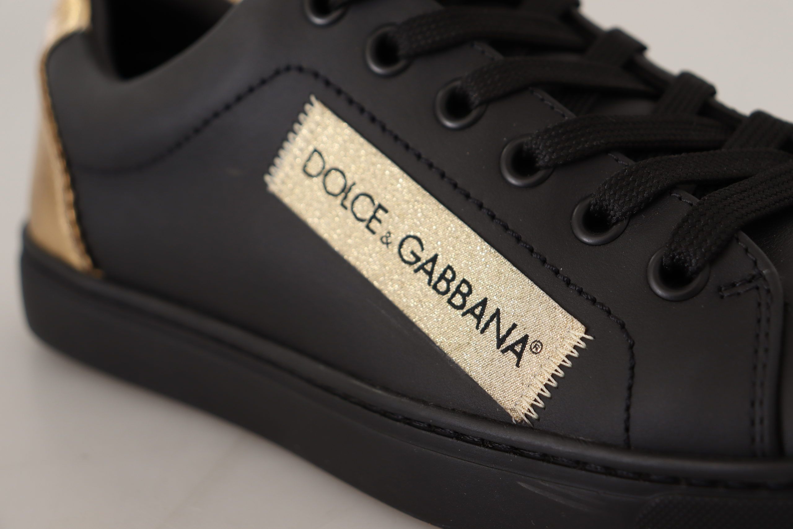 Dolce &amp; Gabbana Black Gold Leather Low Top Sneakers Women Shoes
