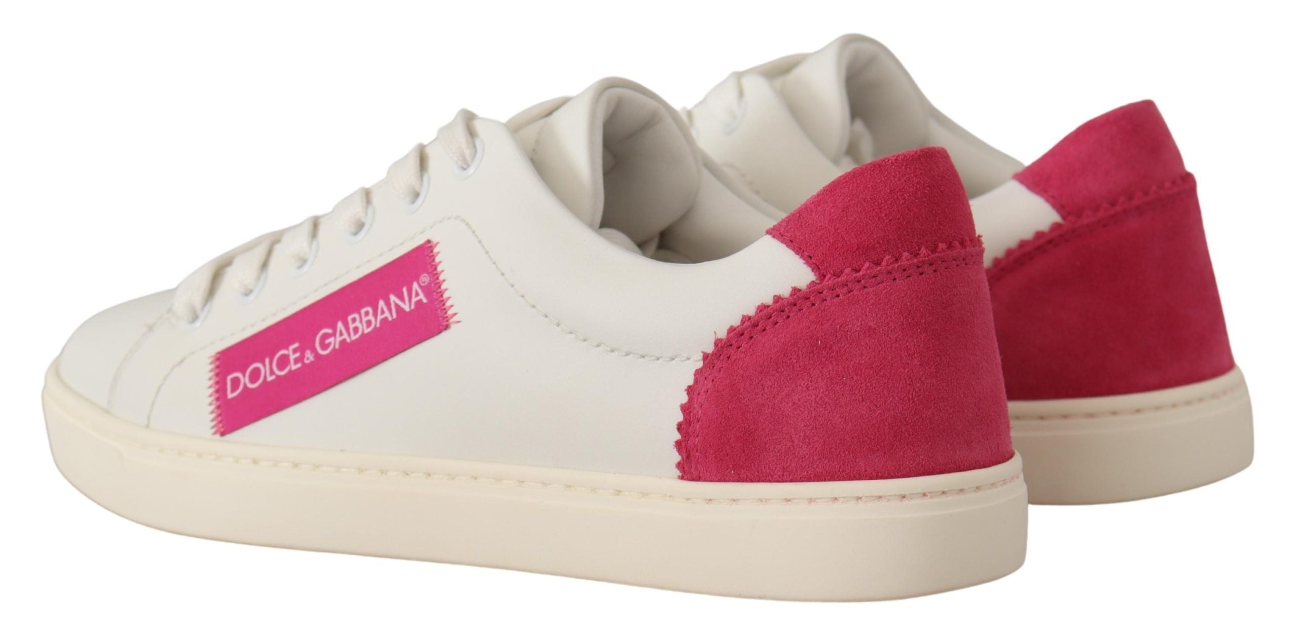 Dolce &amp; Gabbana White Pink Leather Low Top Sneakers Women Shoes