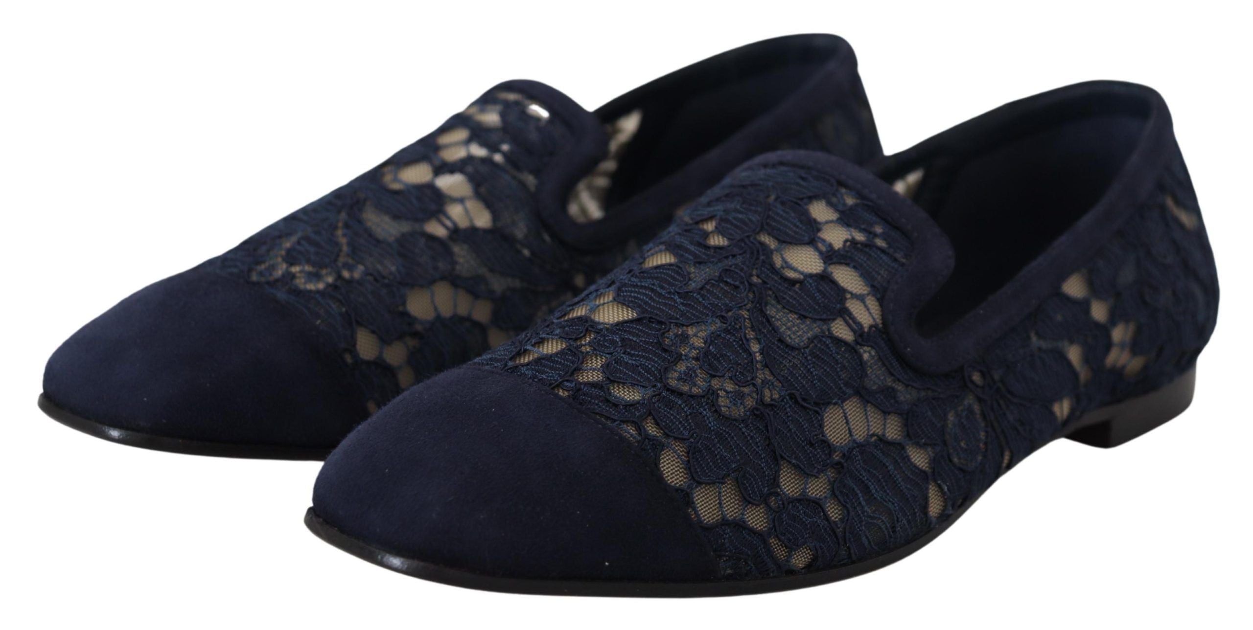 Dolce &amp; Gabbana Blue Floral Lace Slip Ons Loafers Flats Shoes